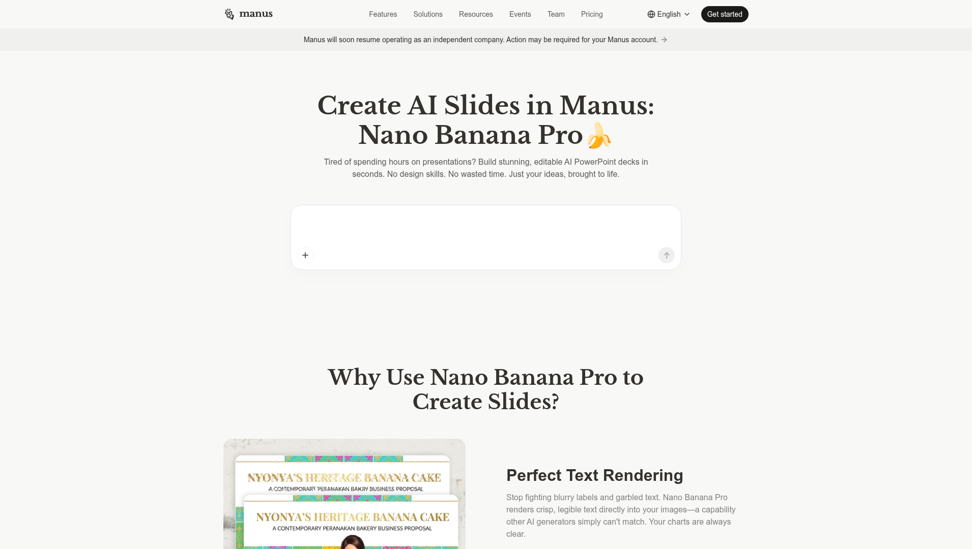 Manus Slides page showing AI presentation creation and export options