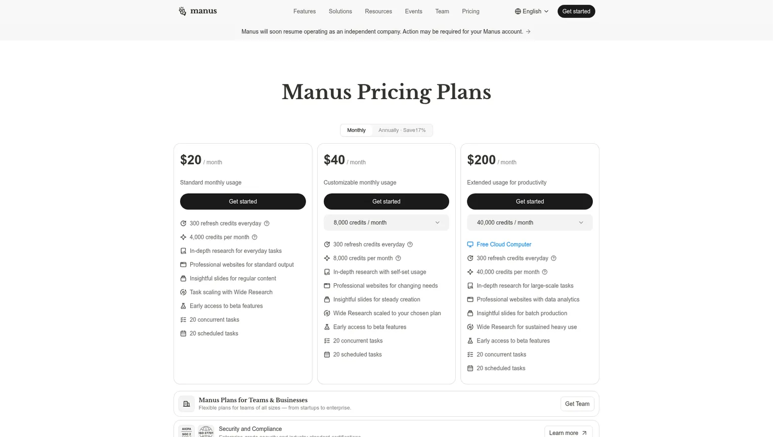 Manus-Preisseite mit den Mitgliedschaftsoptionen Free, Pro und Team