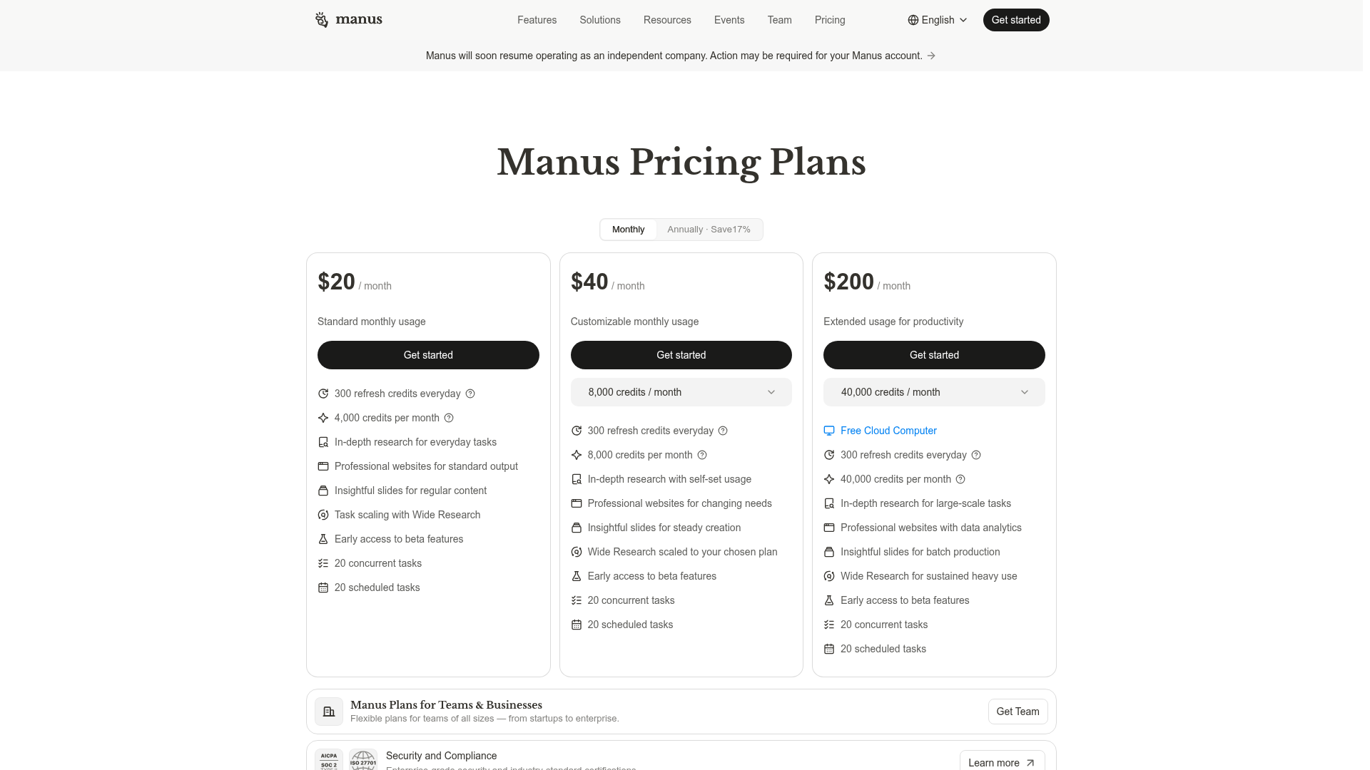 Manus pricing page showing Free, Pro, and Team membership options