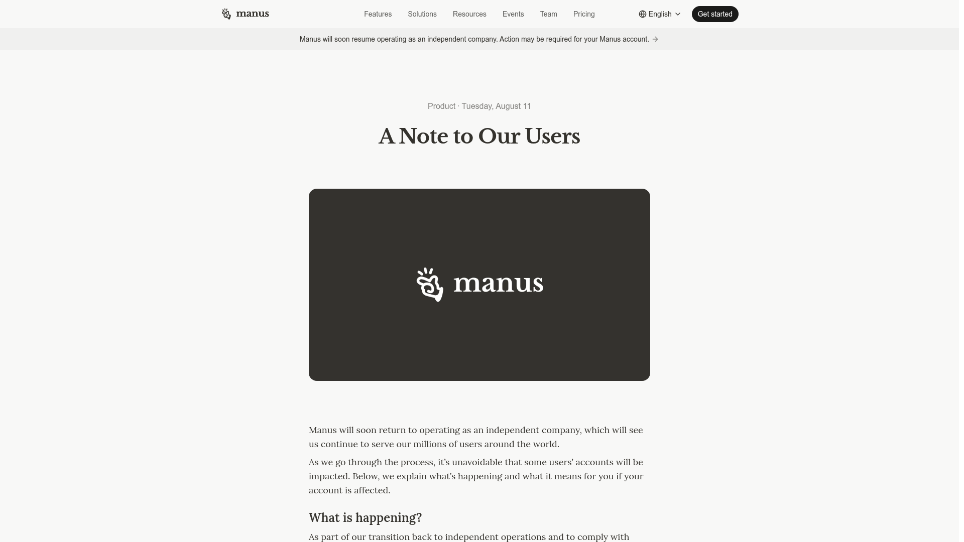 Manus notice explaining its August 2026 separation, backup, deletion, and restoration dates
