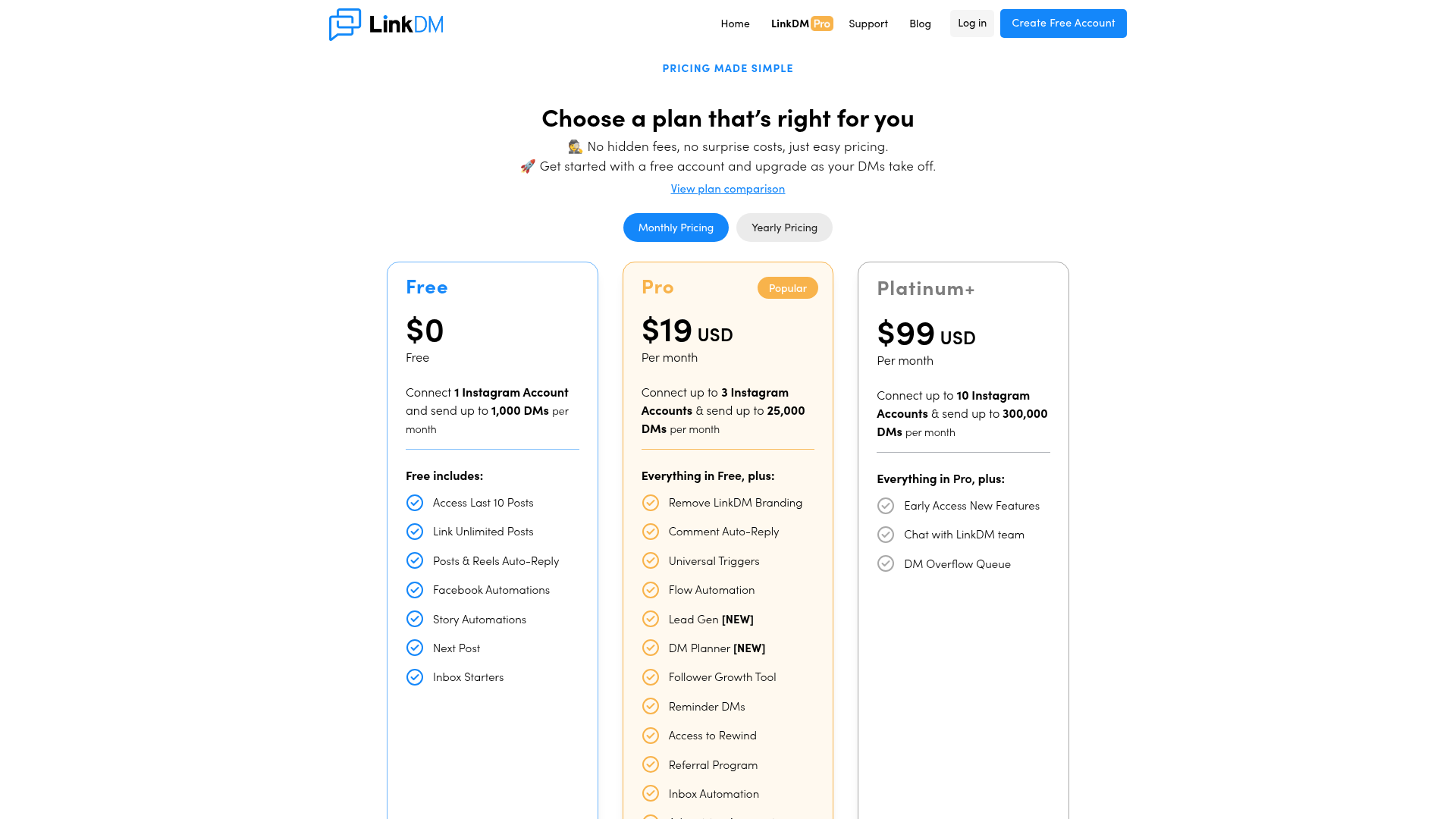LinkDM pricing page showing Free, Pro, and Platinum Plus plans
