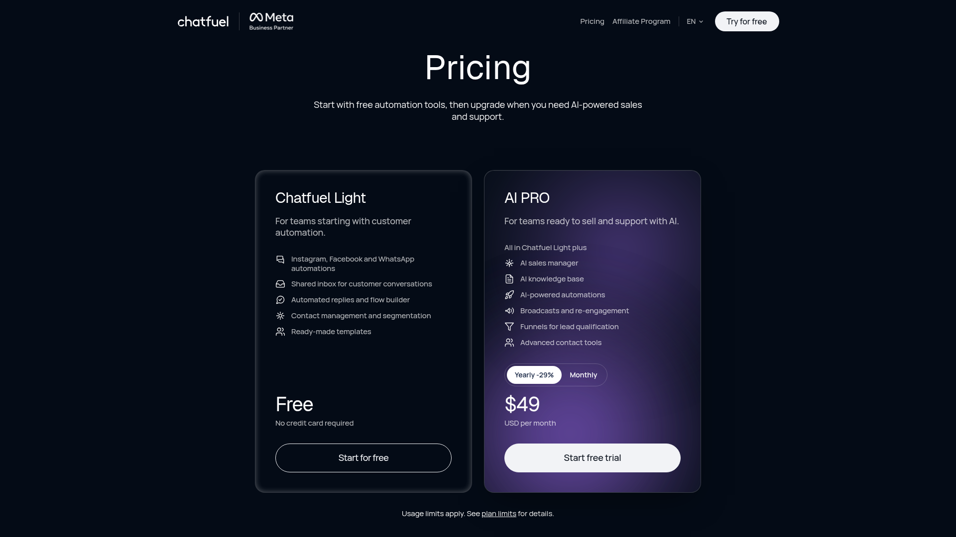 Chatfuel pricing page showing Light and AI Pro