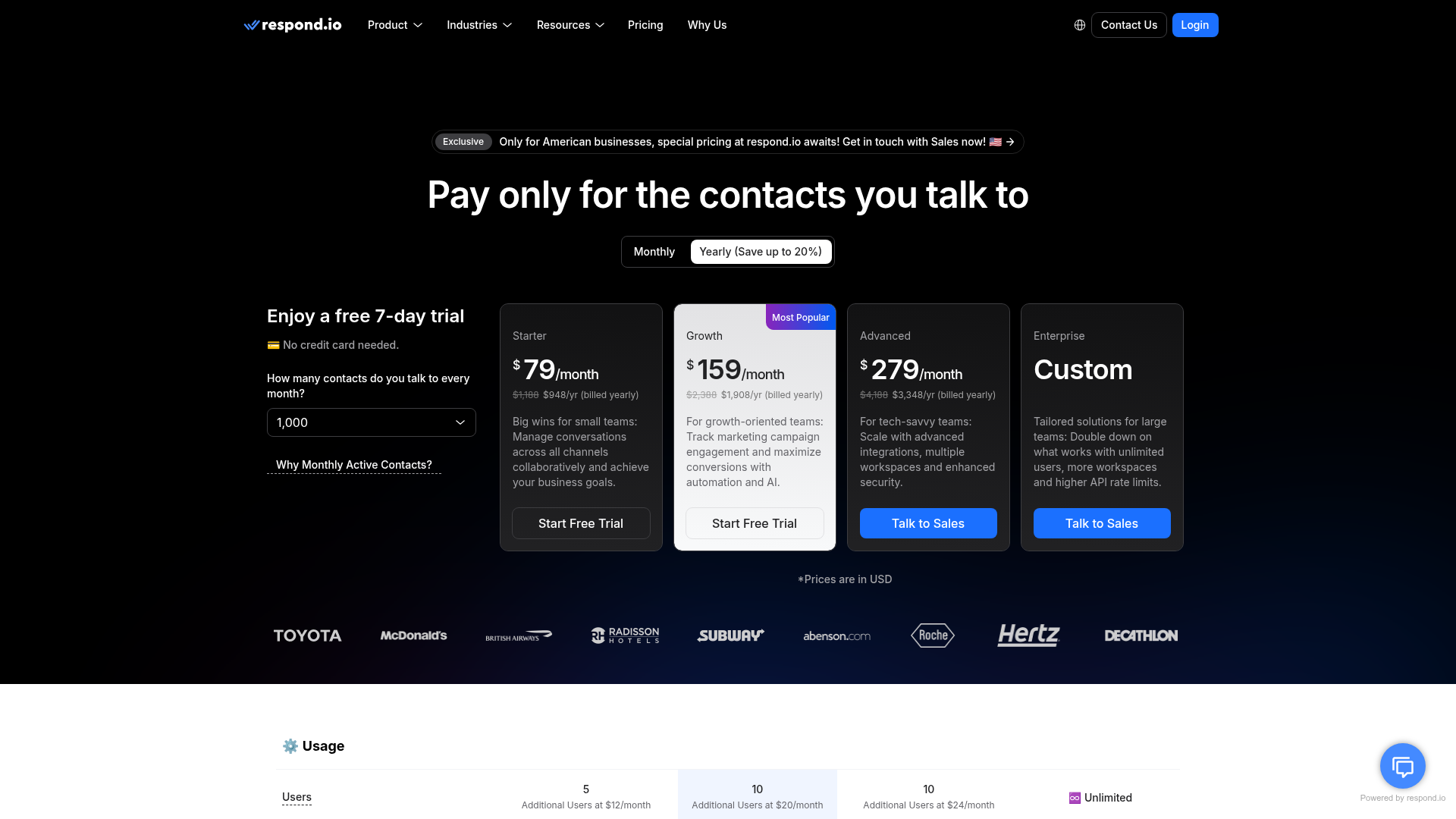 respond.io pricing page showing Starter, Growth, Advanced, and Enterprise plans