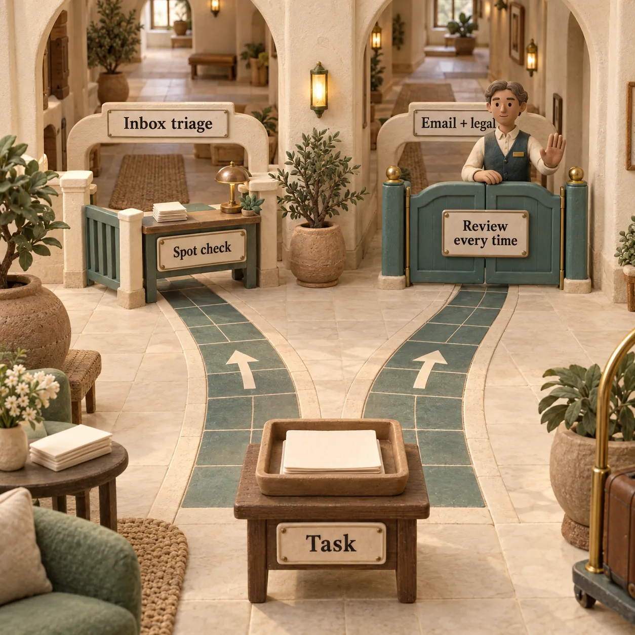 Clay guesthouse paths showing spot checks for inbox triage and an approval gate for email and legal work