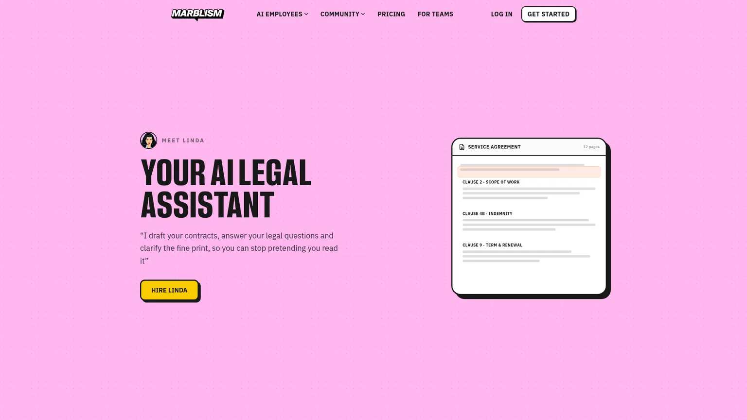 Marblism Linda feature page describing legal drafting and explanations