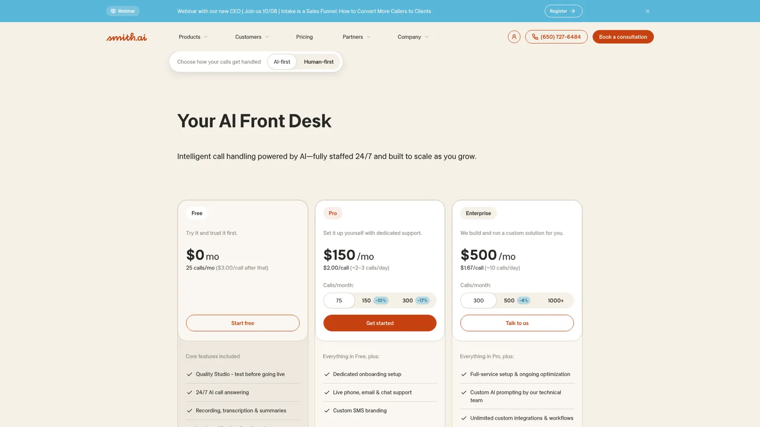 Smith.ai AI Receptionist pricing and call allowances