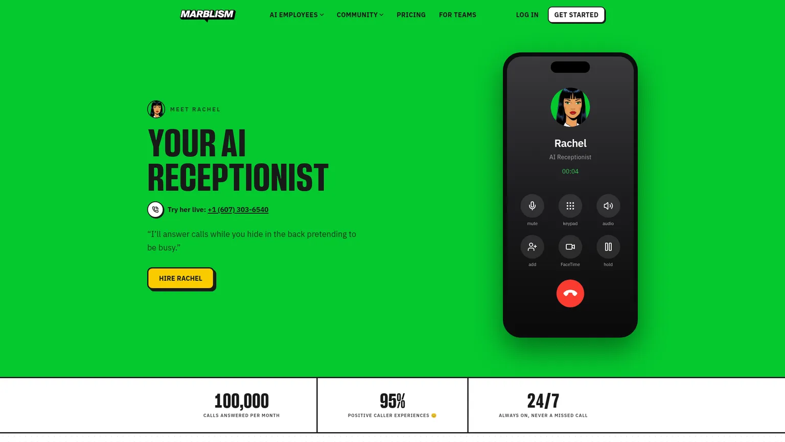 Marblism Rachel feature page showing receptionist functions