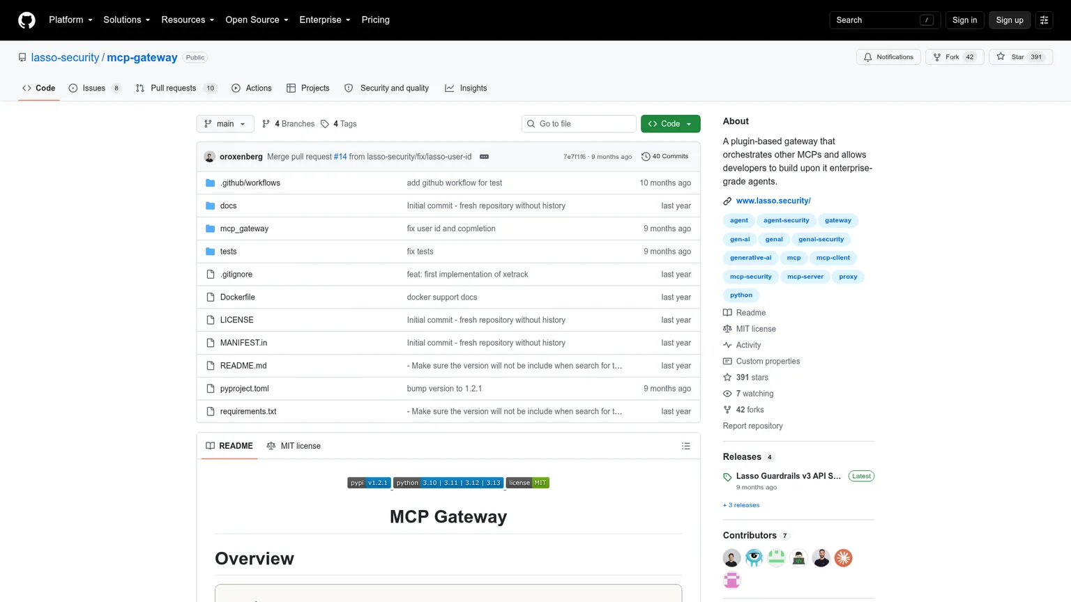 Репозиторий Lasso MCP Gateway с настройками, плагинами защитных правил, трассировкой и лицензией MIT