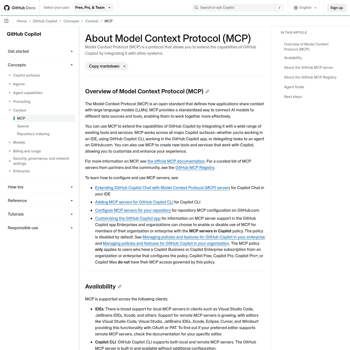 Copilot의 MCP 지원 환경과 정책 고려 사항을 정리한 GitHub 문서