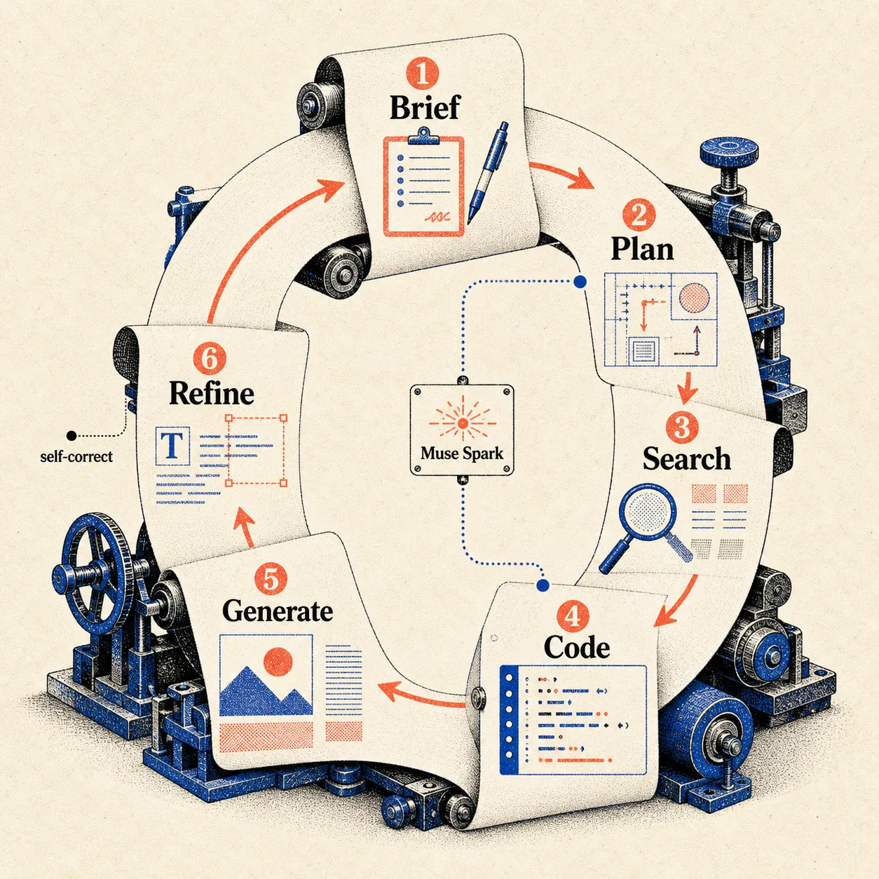 Workflow di Muse Image dal brief a pianificazione, ricerca, codice, generazione e correzione