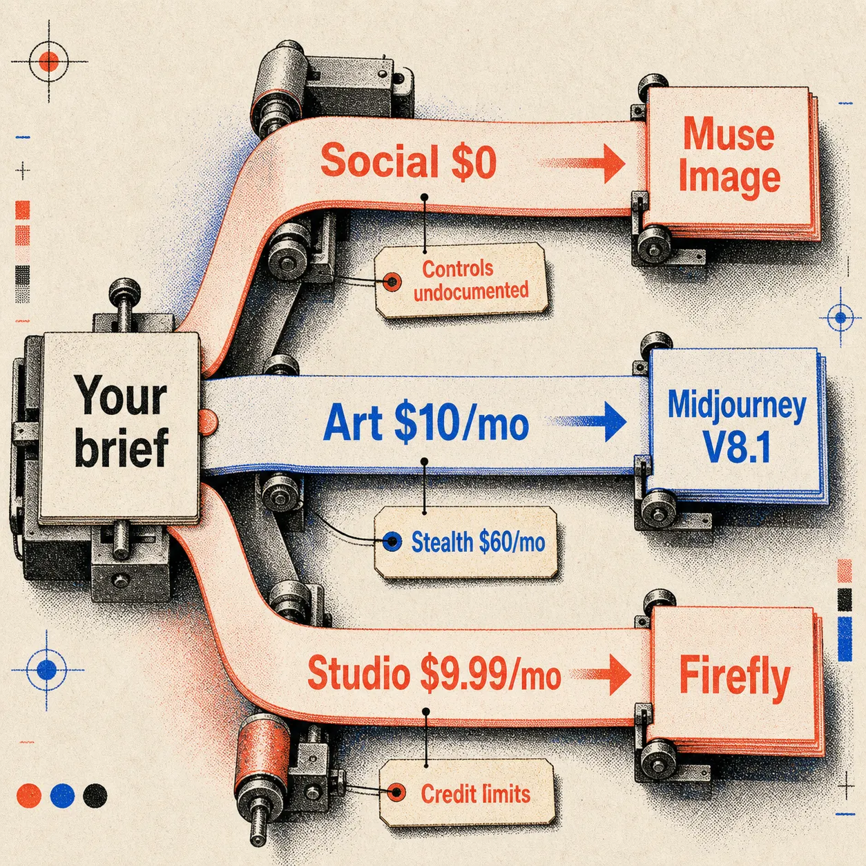 Mappa decisionale che indirizza i lavori social verso Muse Image, la direzione artistica verso Midjourney e la produzione da studio verso Firefly