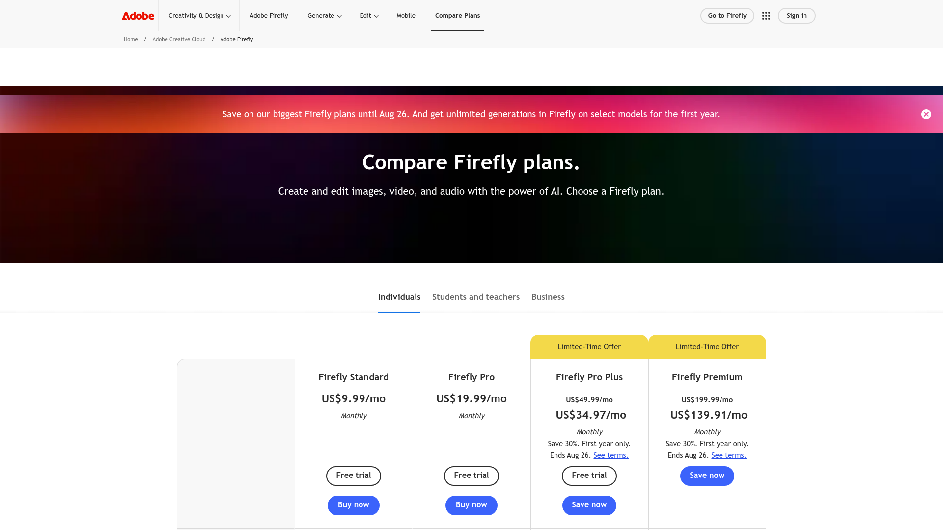 Adobe Firefly plans page showing current creative AI tiers