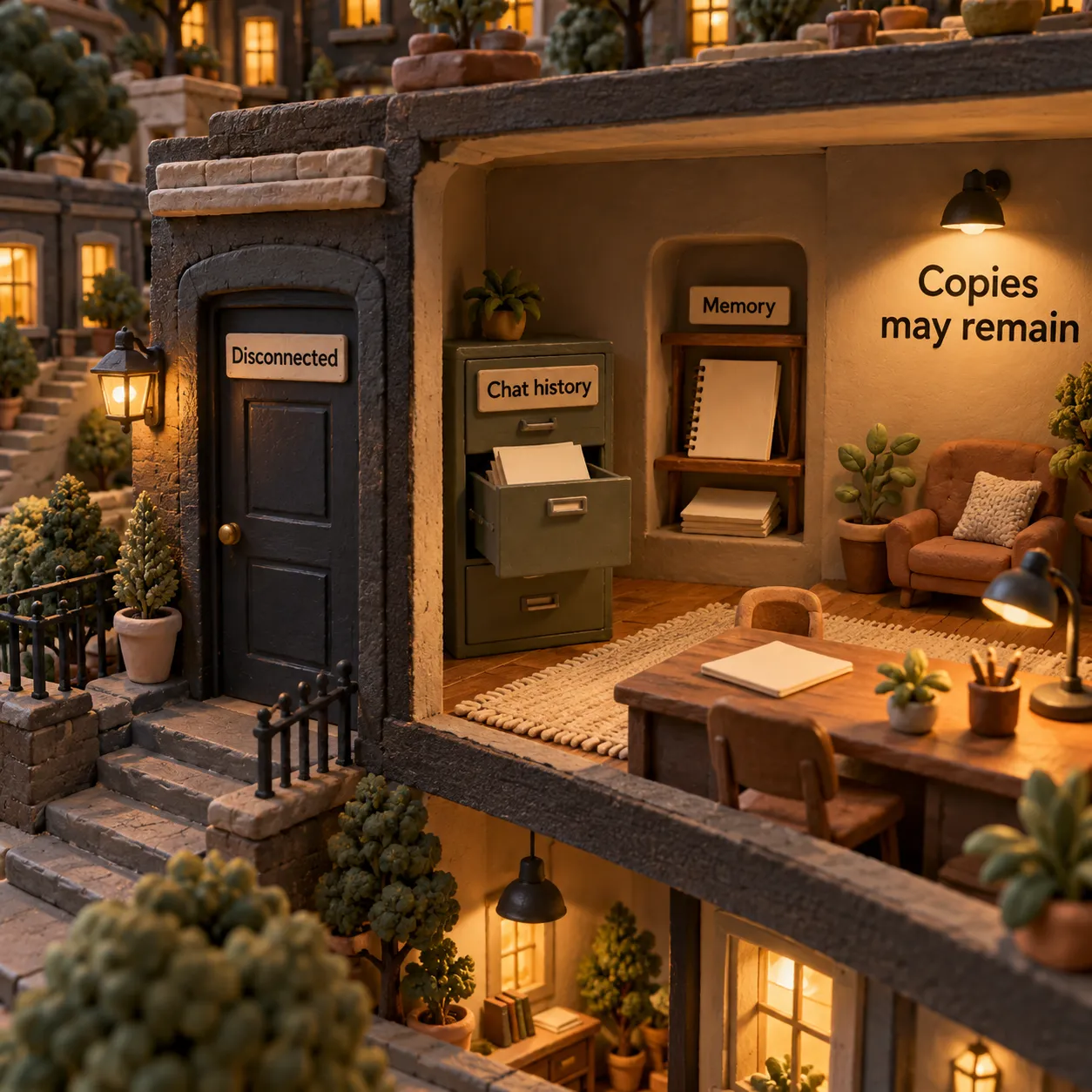 A closed door labeled Disconnected beside retained Chat history and Memory in a clay townhouse