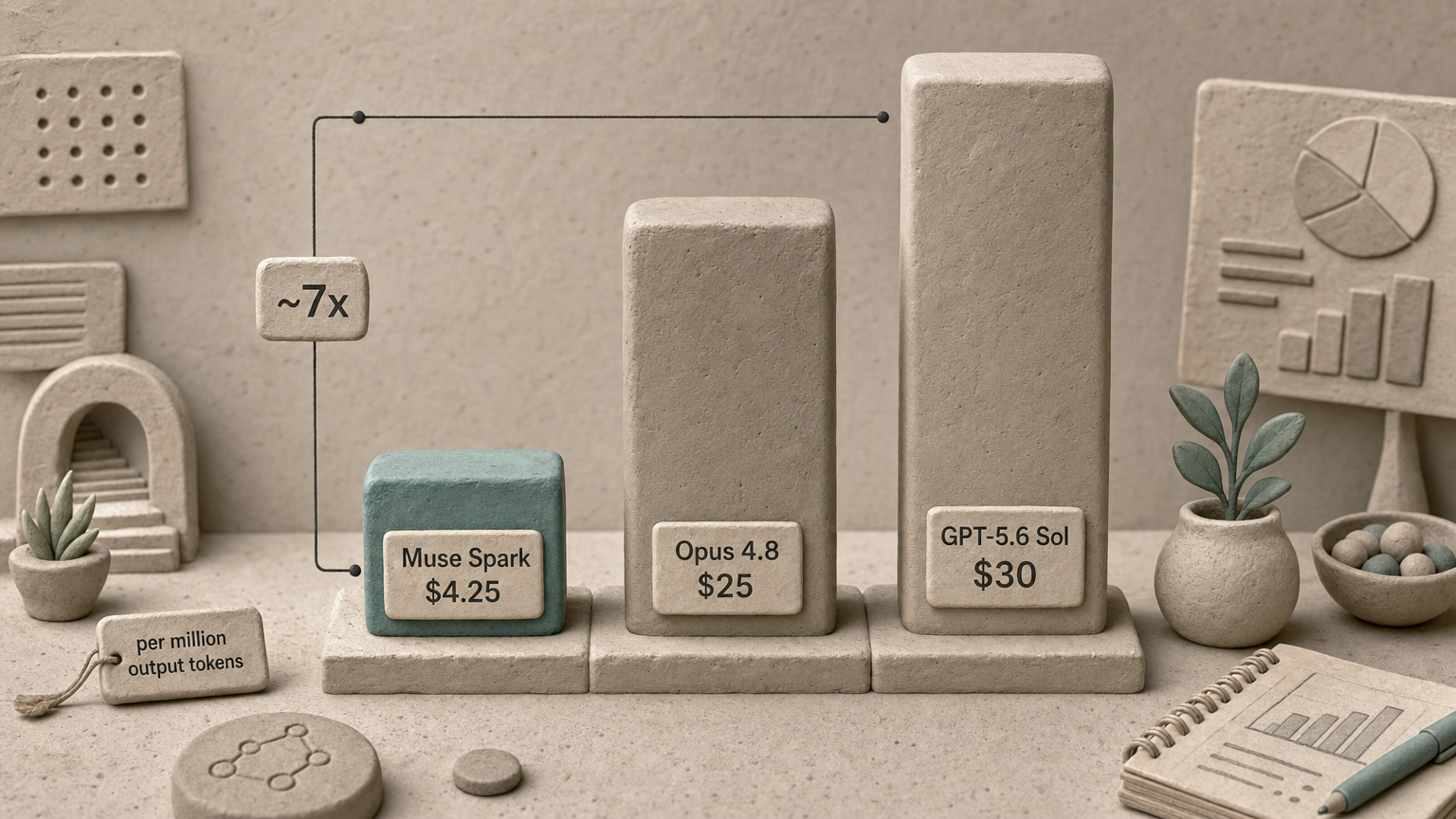 Output-token cost ladder: Muse Spark $4.25 vs Opus 4.8 $25 vs GPT-5.6 Sol $30