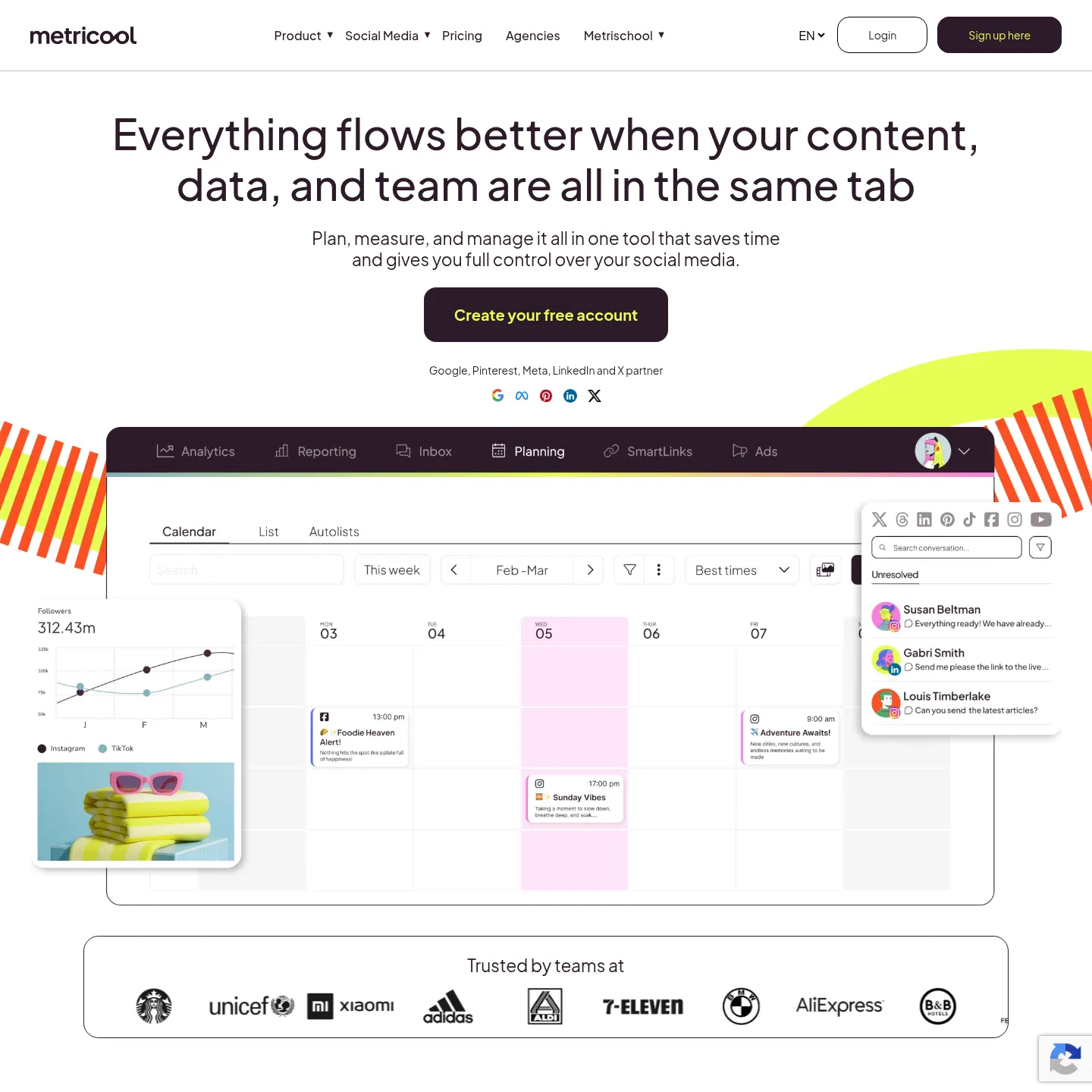 Metricool homepage showing its planner, analytics and reporting workspace