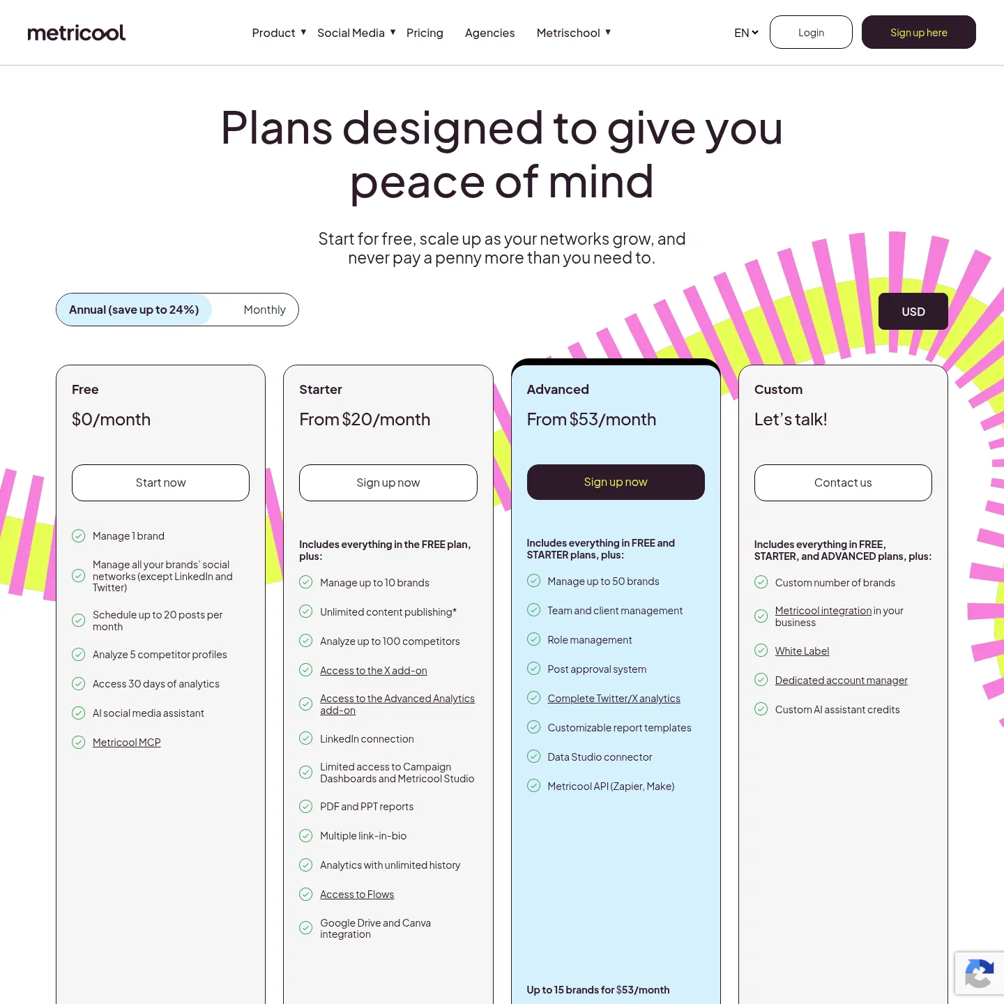 Metricool pricing page showing Free, Starter, Advanced and Custom plan features
