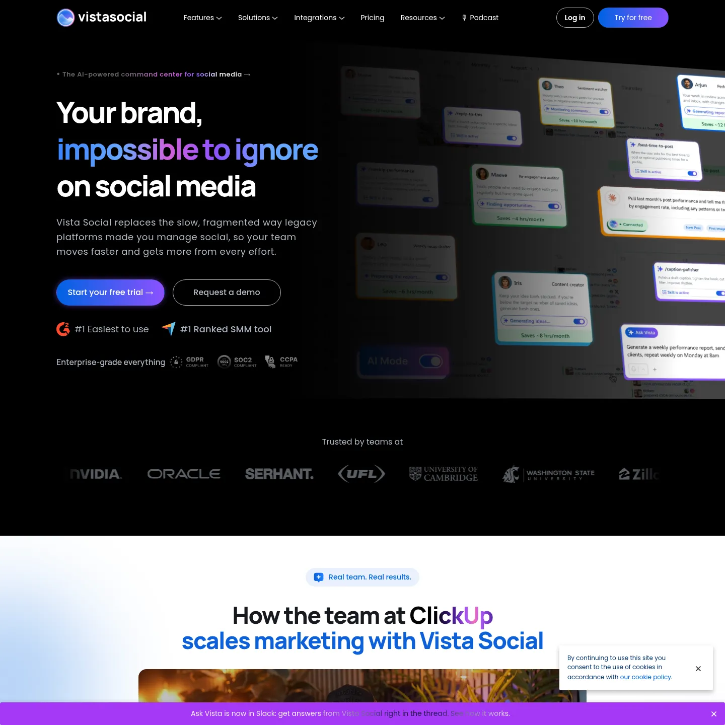 Vista Social homepage presenting its social publishing, inbox and collaboration tools