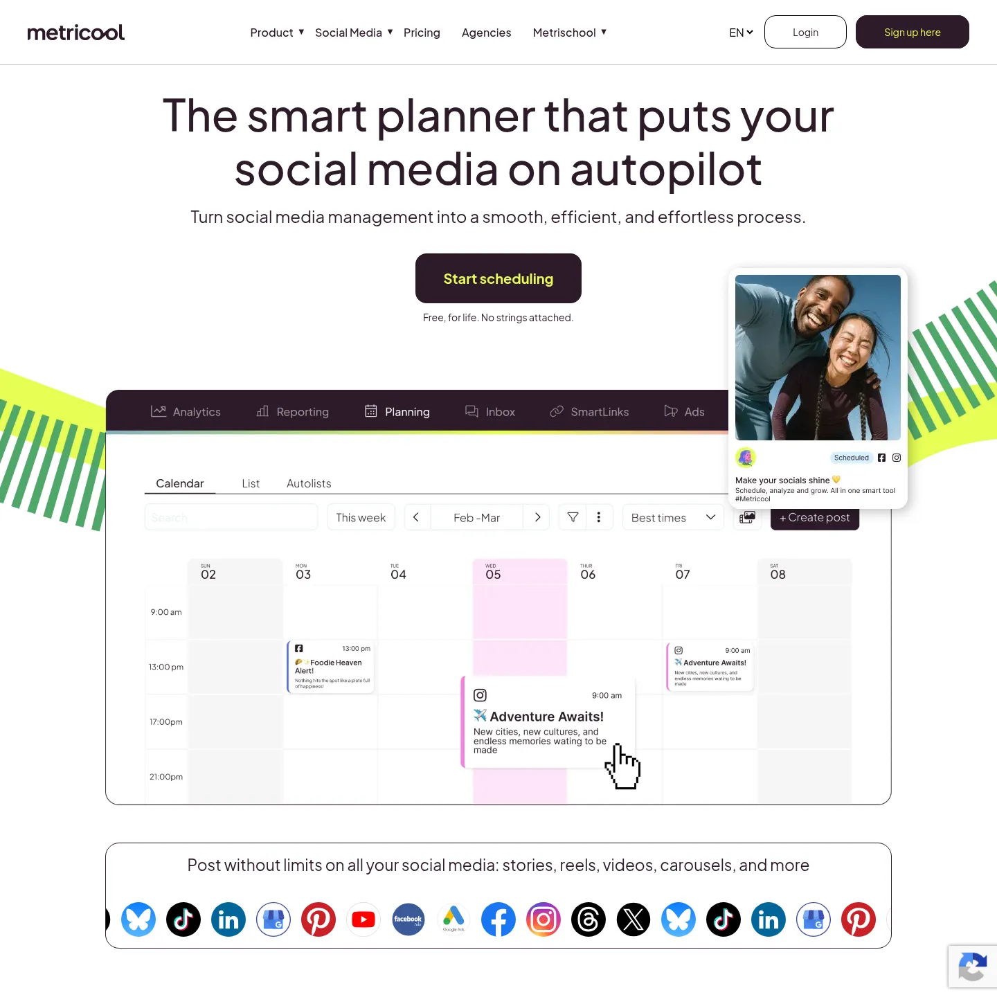 Metricool planner page with its content calendar and publishing controls