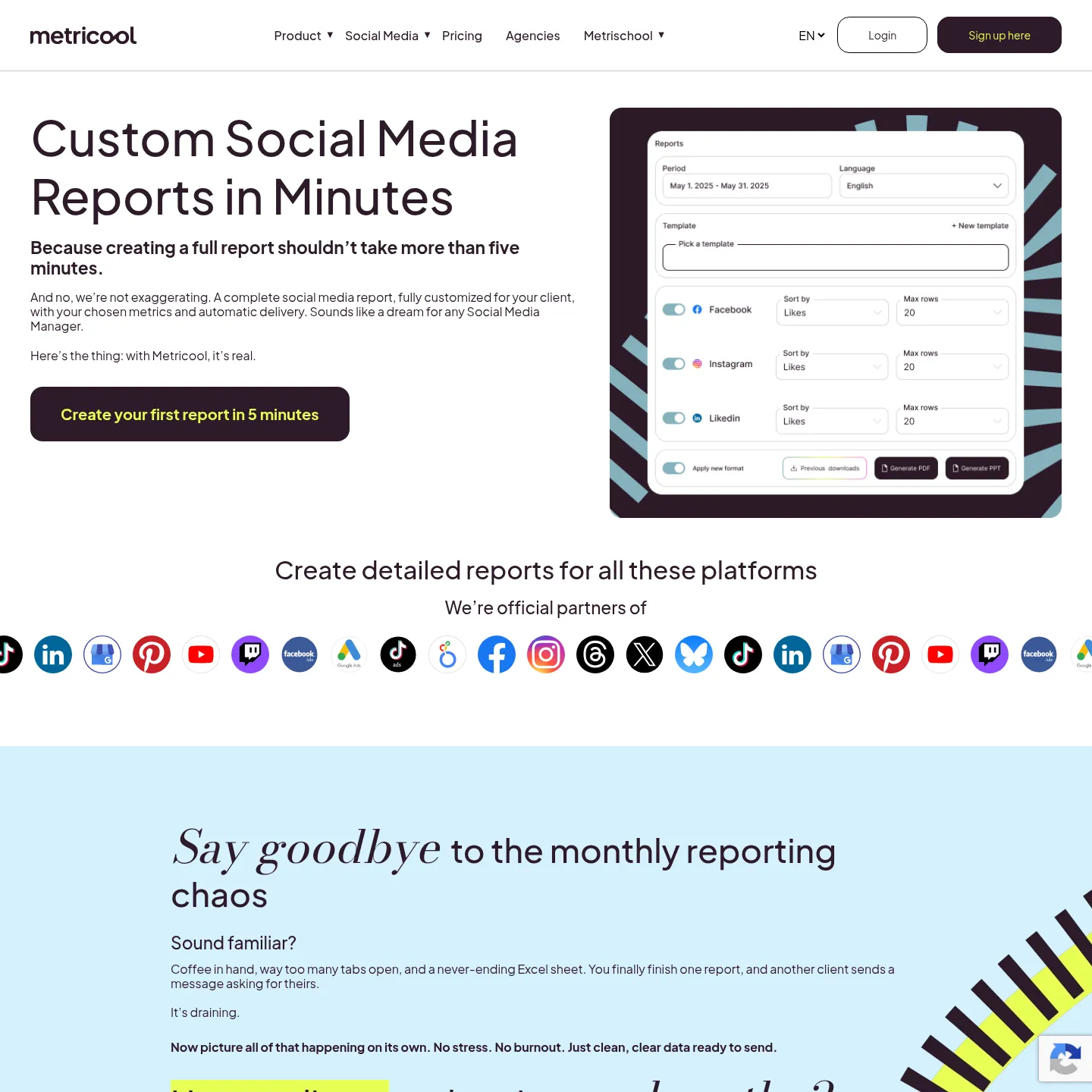 Metricool reports page demonstrating configurable social media reports