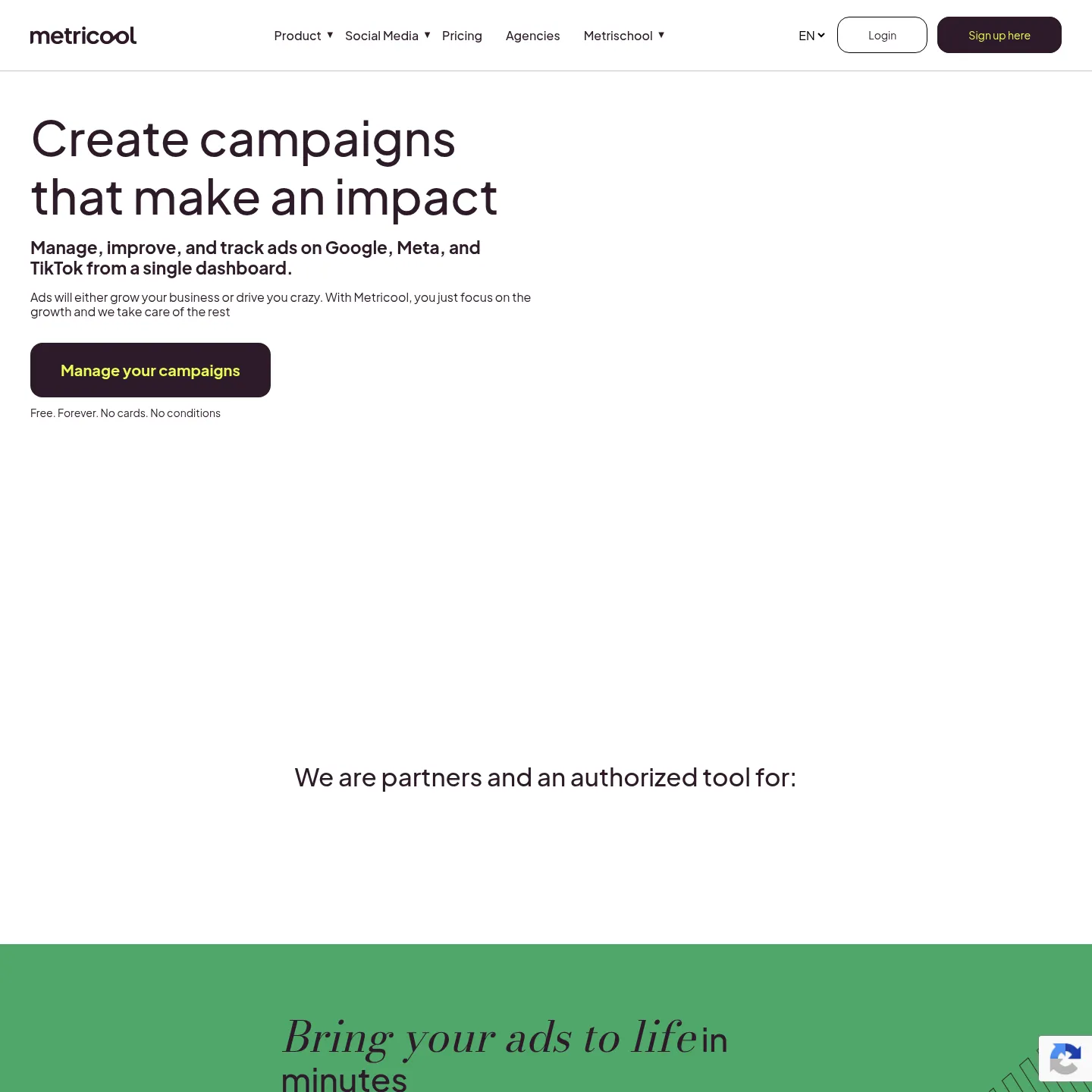 Metricool advertising page describing Google, Meta and TikTok campaign reporting