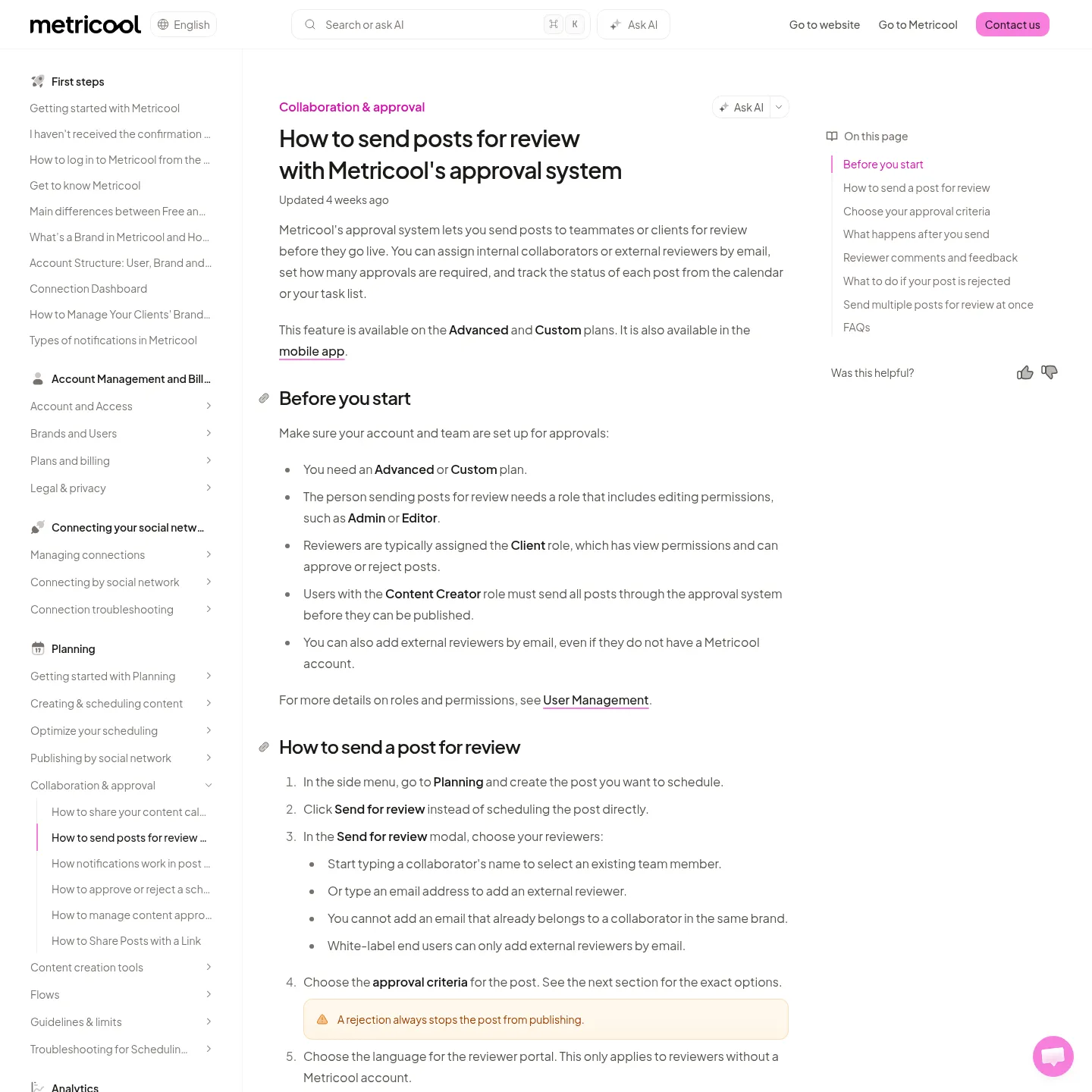 Metricool approval guide showing reviewer selection and approval criteria