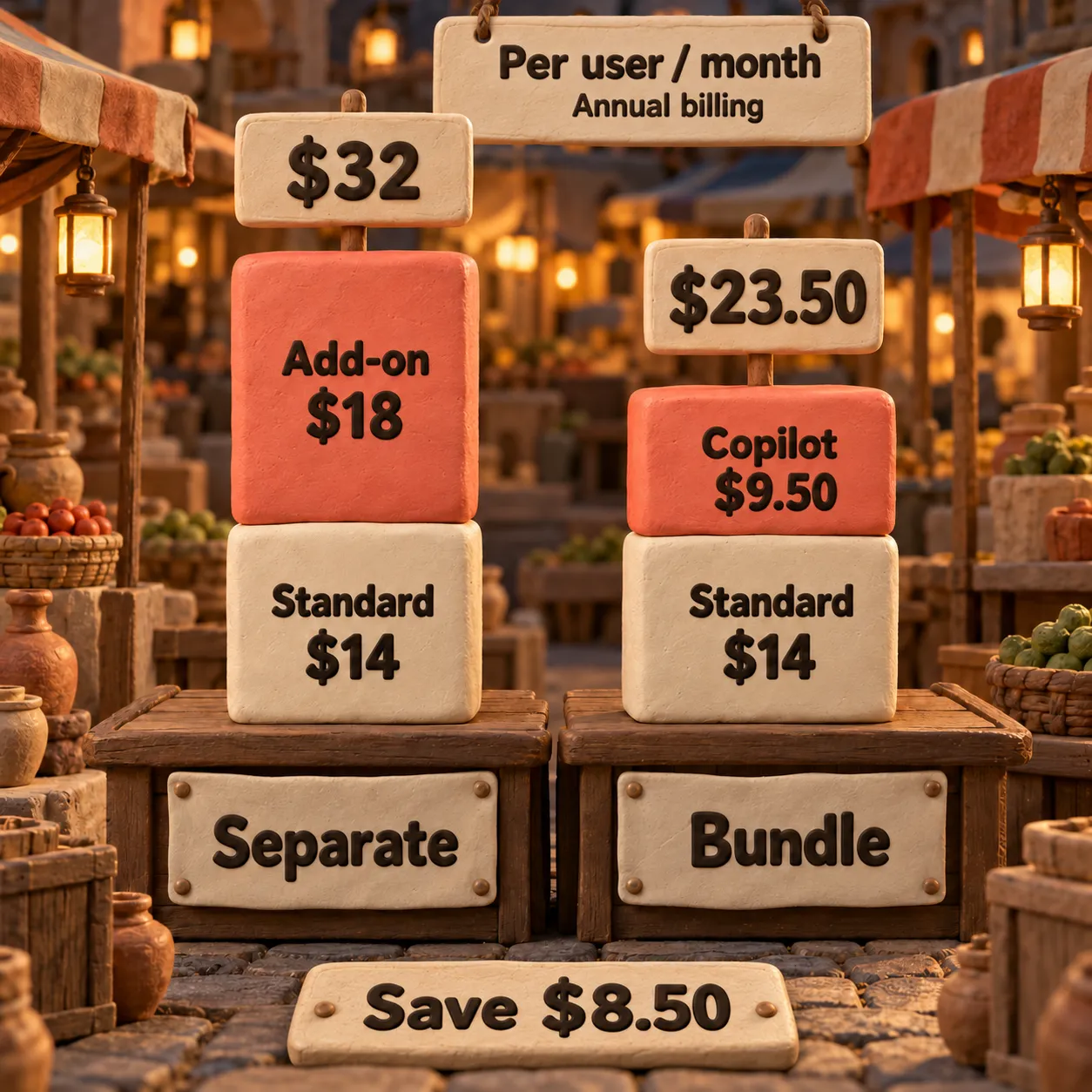 Cost decomposition showing Standard plus the promotional Copilot add-on at $32 versus the $23.50 bundle, saving $8.50 per user per month