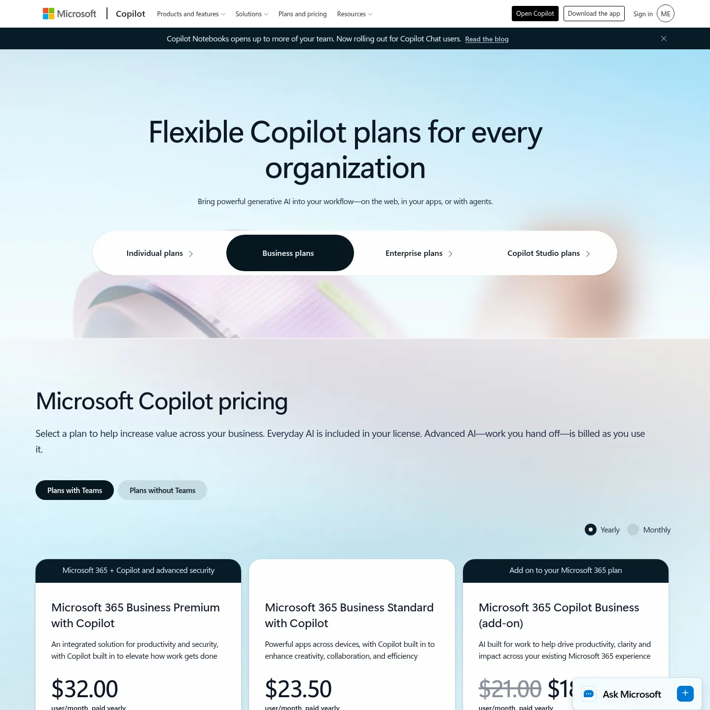 Microsoft's live business pricing page showing Copilot add-on and bundle options