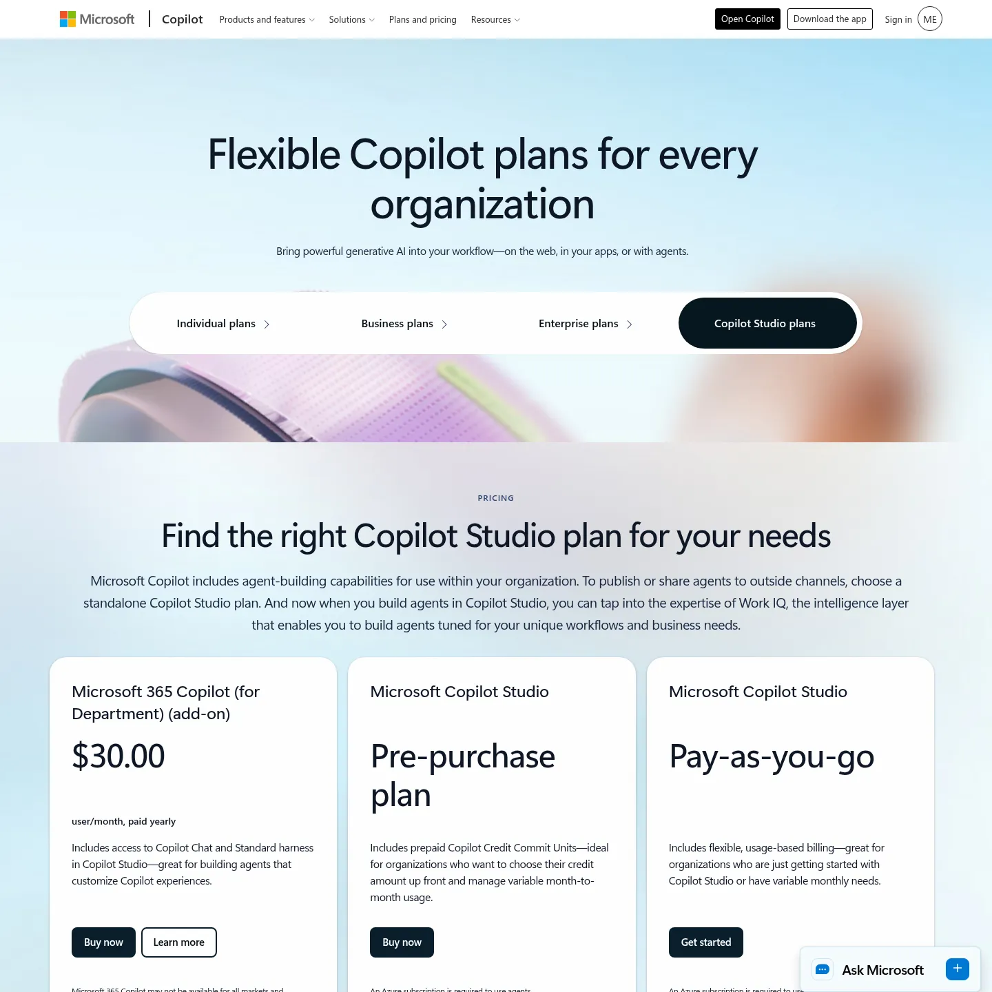 Microsoft Copilot Studio pricing page showing separate agent-building and consumption purchase options