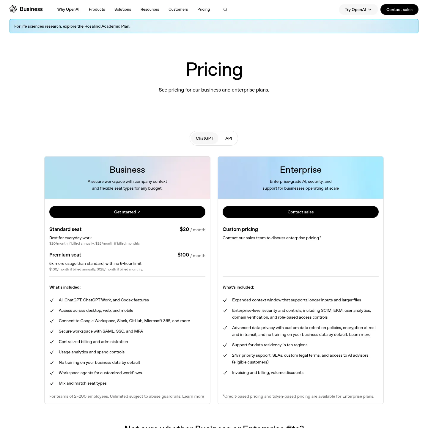 OpenAI business pricing page showing Standard and Premium seat options