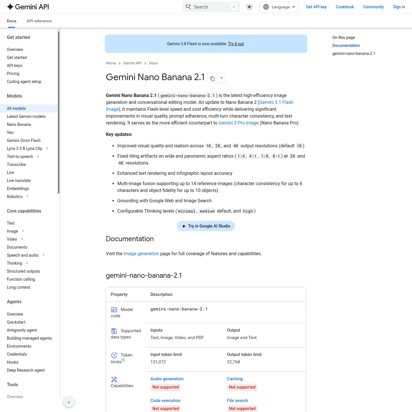 Google's official Nano Banana 2.1 model specification