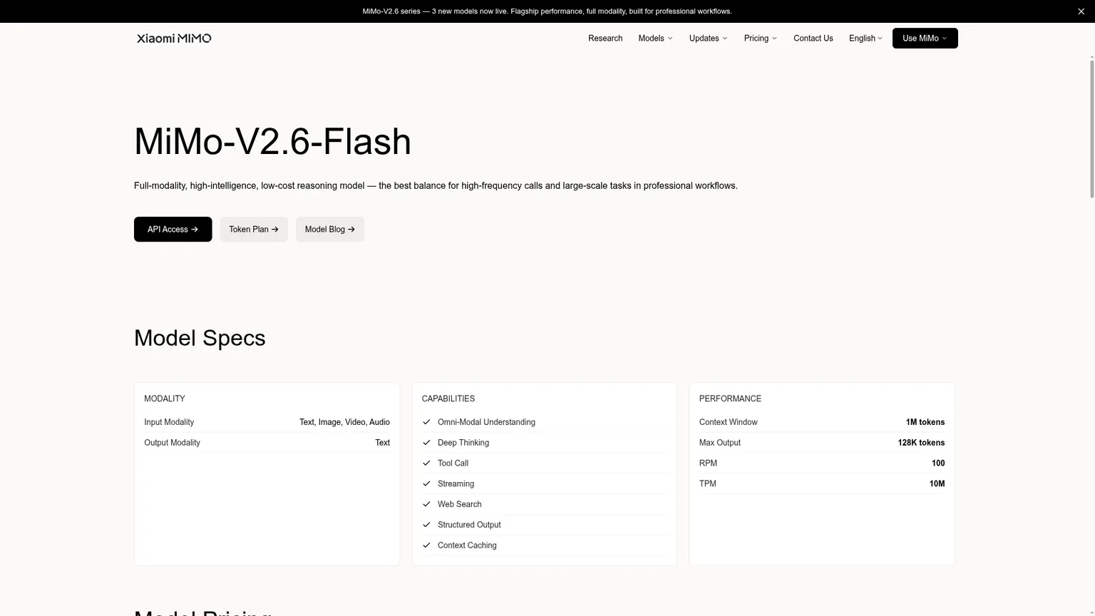 Page officielle de Xiaomi consacrée à MiMo-V2.6-Flash, avec caractéristiques et tarifs