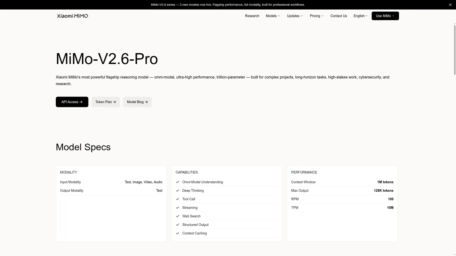 Page officielle de Xiaomi consacrée à MiMo-V2.6-Pro, avec caractéristiques et tarifs