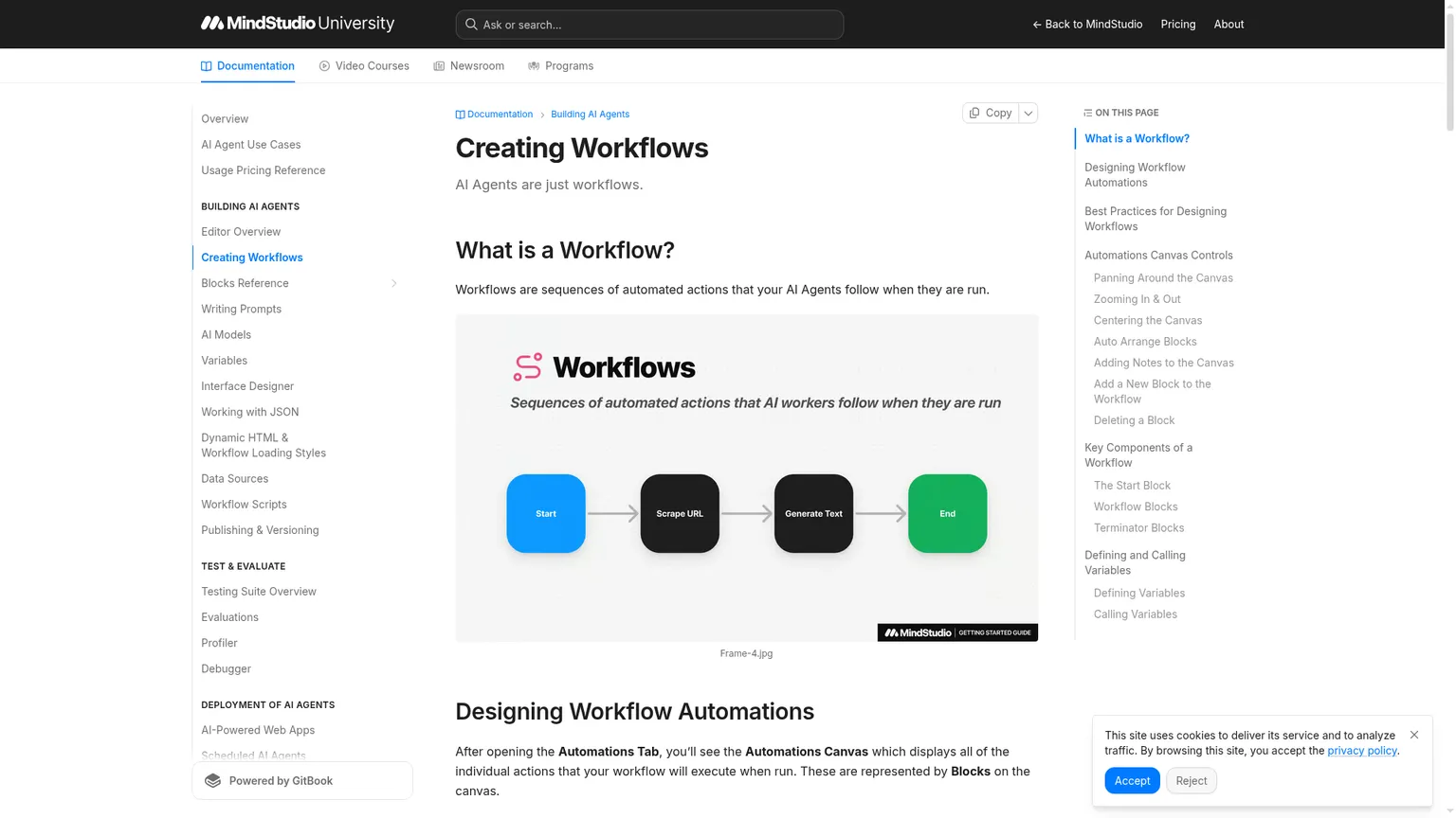 Dokumentation der MindStudio-University zur Workflow-Arbeitsfläche