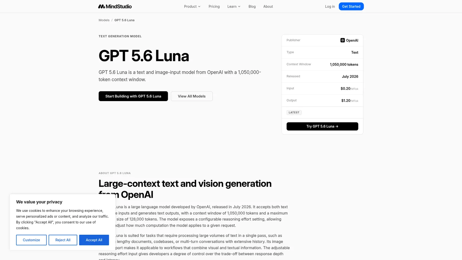 MindStudio-Modellseite für GPT 5.6 Luna mit Preisen für Eingabe- und Ausgabetokens