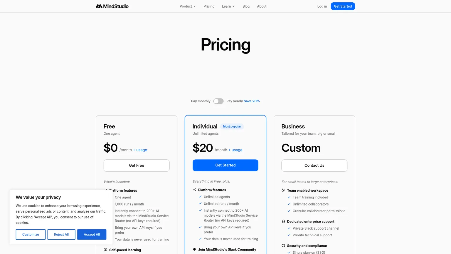 MindStudio-Preisseite mit den Tarifen Free, Individual und Business