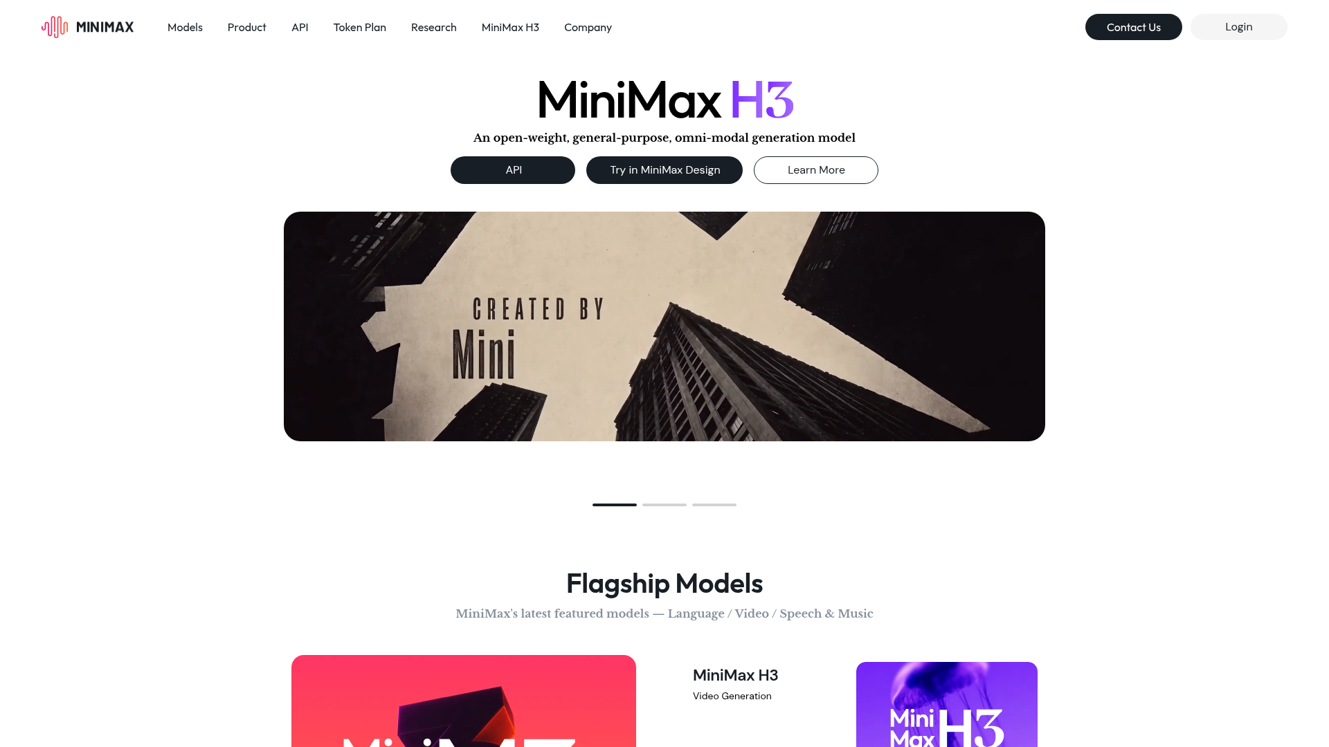MiniMax homepage showing M3, H3, Code, Hub, speech, and music products