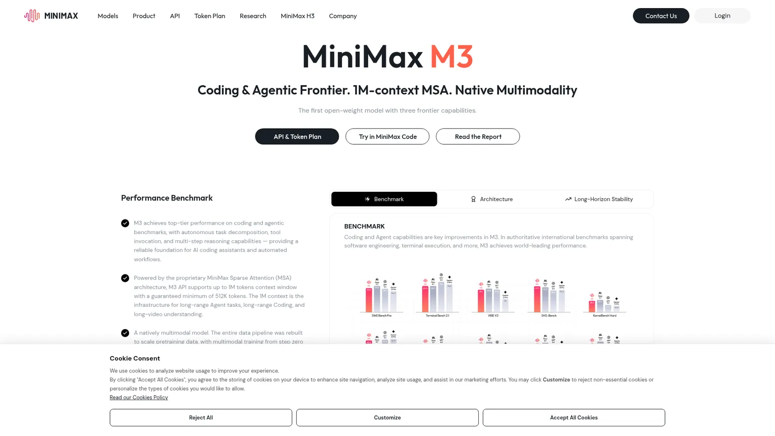 Modellseite von MiniMax M3 mit Coding-, Agenten- und Multimodalfunktionen sowie Kontext für eine Million Tokens