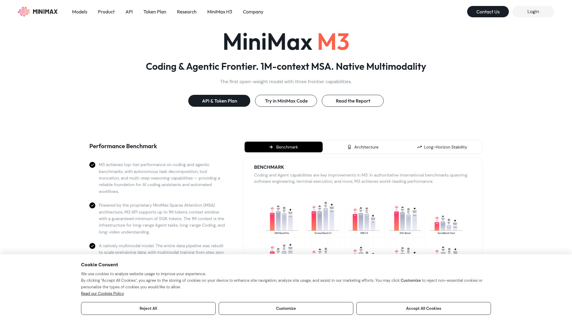 MiniMax M3 model page showing coding, agent, multimodal, and one-million-token context capabilities