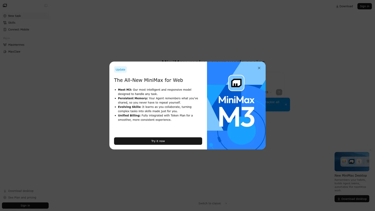 Weboberfläche von MiniMax Code mit M3, Agent Teams, Speicher und Skills