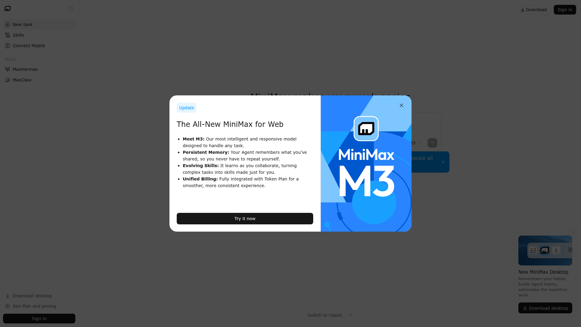 MiniMax Code web interface with M3, Agent Teams, memory, and skills