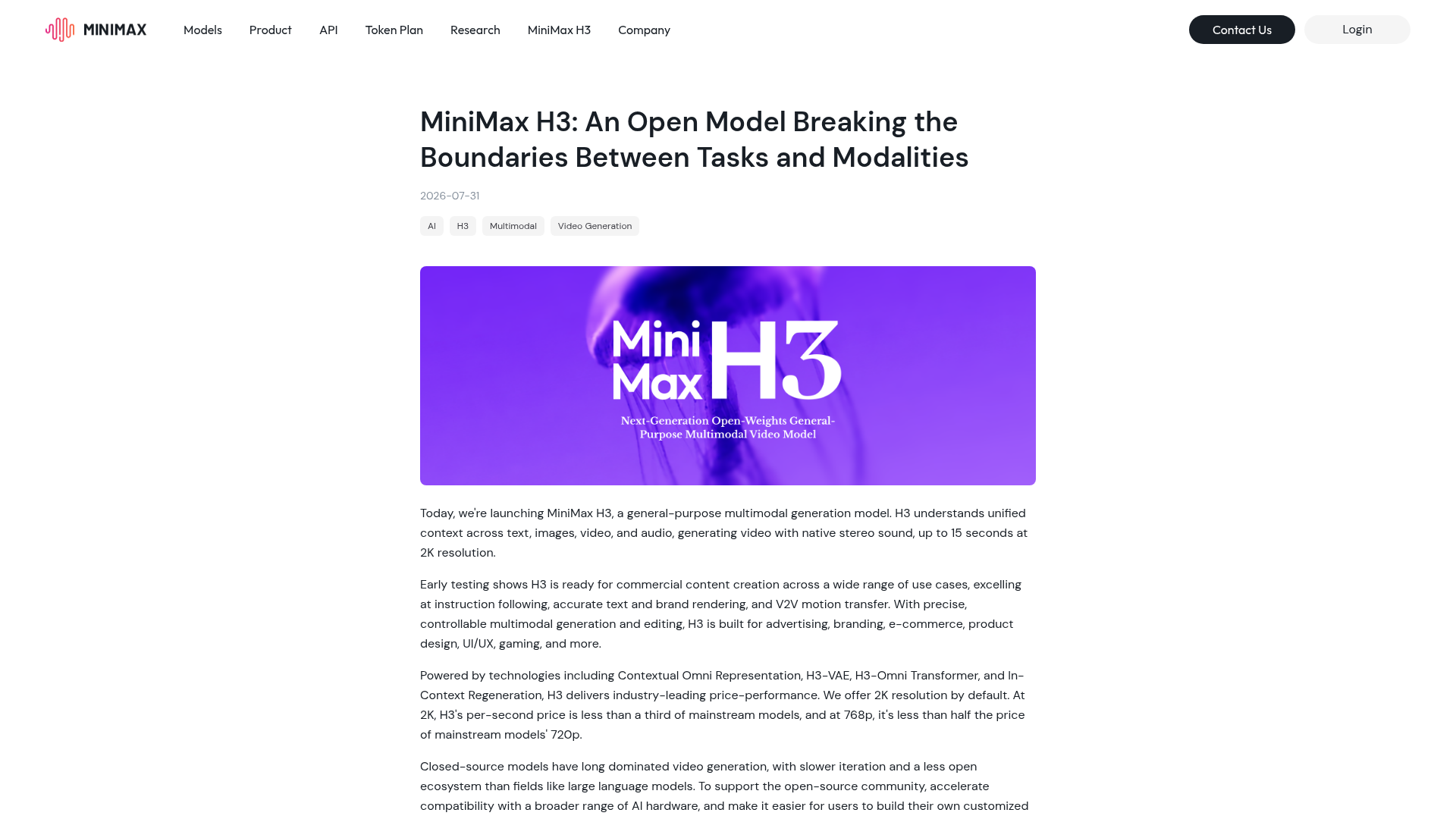 MiniMax H3 official page showing omni-modal video generation with native audio