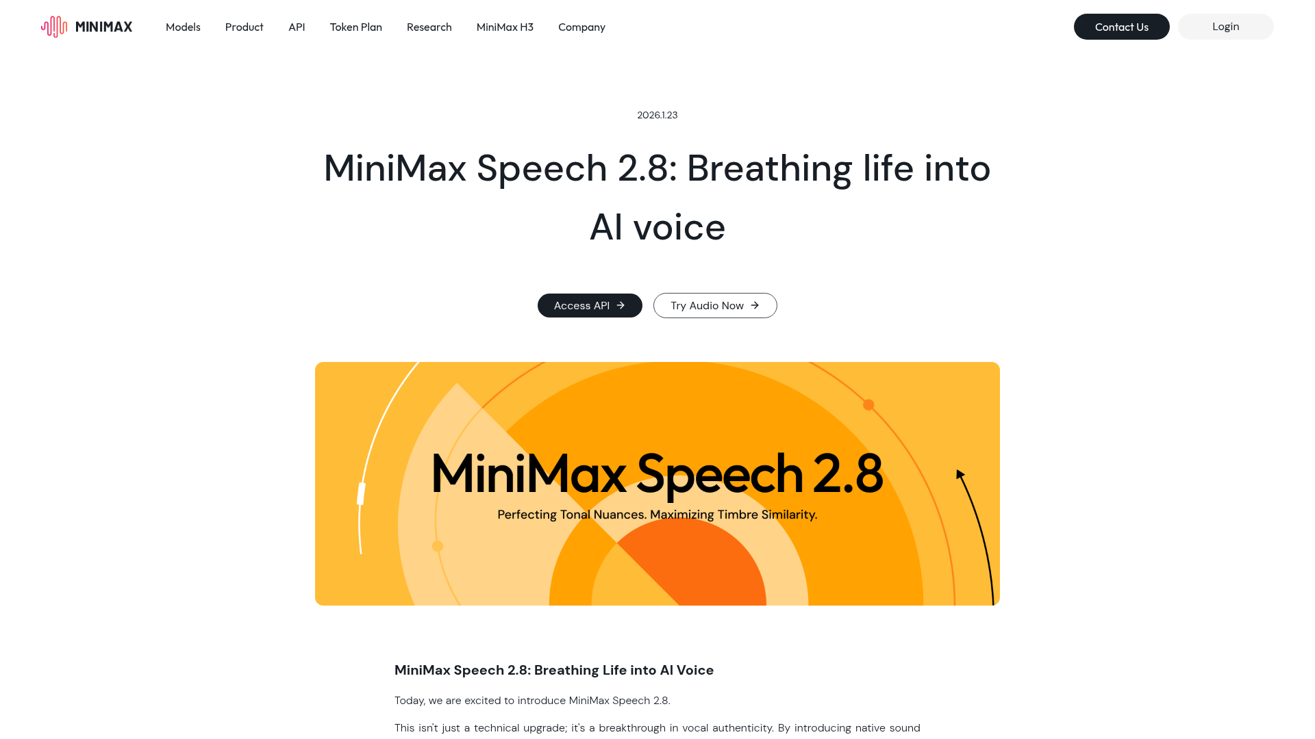 MiniMax Speech 2.8 page with sound tags, voice cloning, and cross-language examples