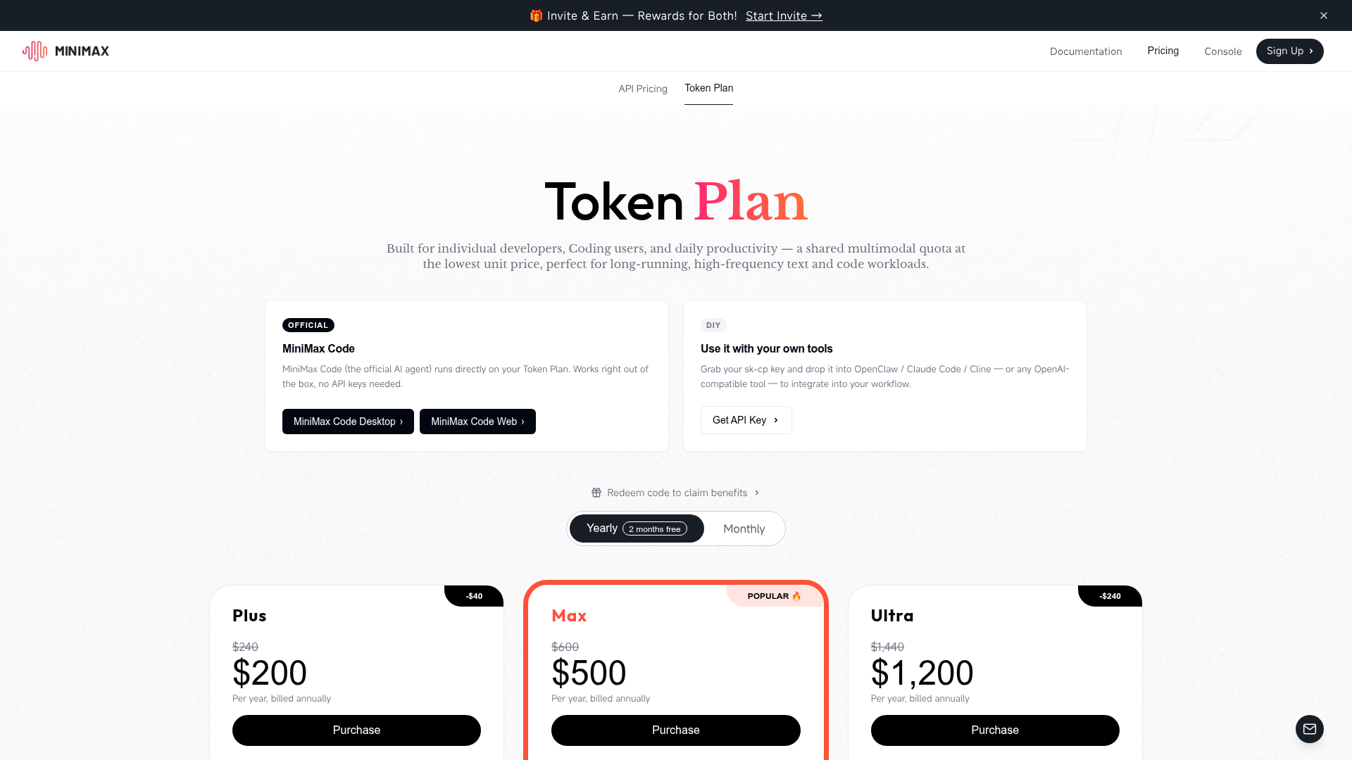 MiniMax Token Plan pricing page showing Plus, Max, Ultra, credits, and plan limits