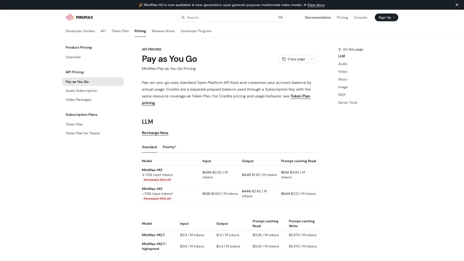 MiniMax-Pay-as-you-go-Preise für M3, H3, Sprache, Musik, Bild und Tools
