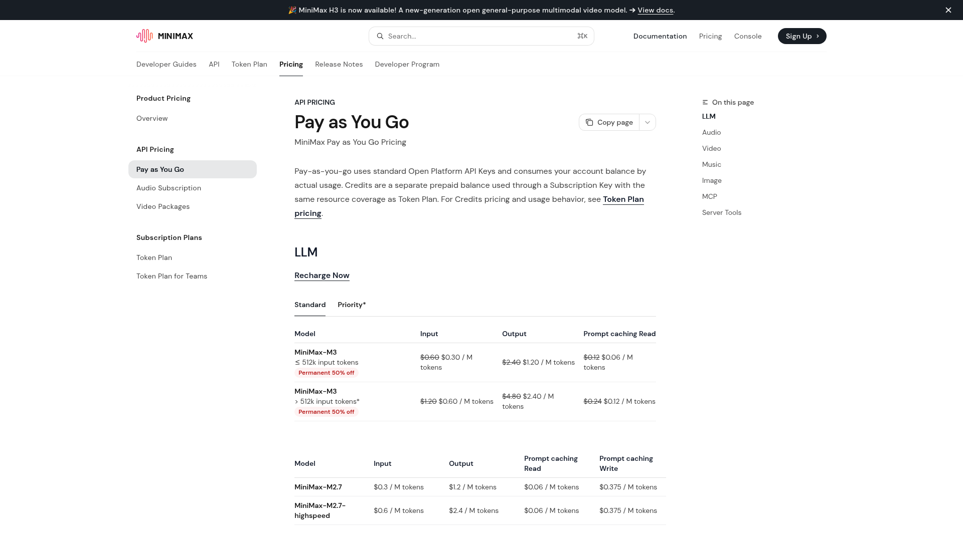 MiniMax pay-as-you-go pricing for M3, H3, speech, music, image, and tools