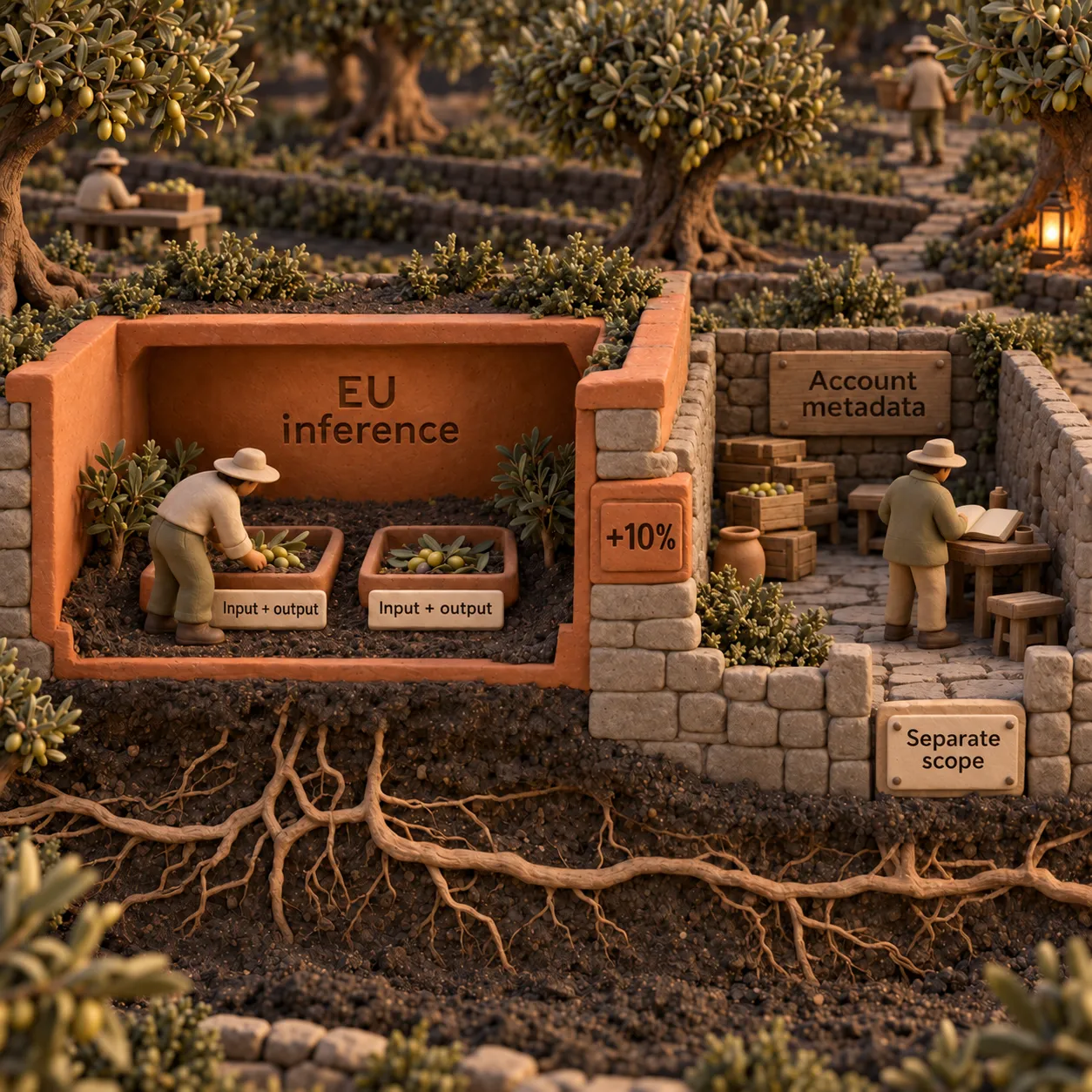 A clay orchard cross-section separates EU input and output processing from the account metadata scope and marks the ten percent regional surcharge