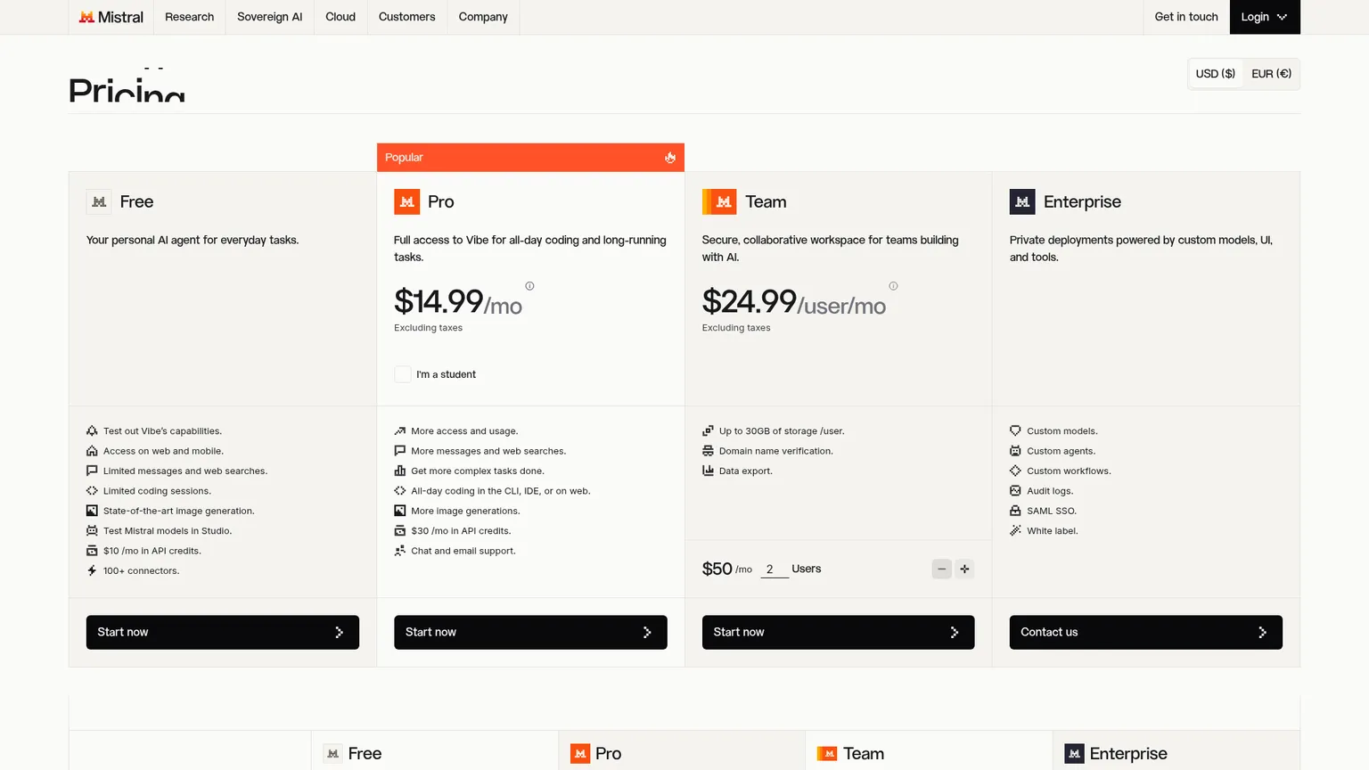 Mistral's live pricing page showing its subscription plans