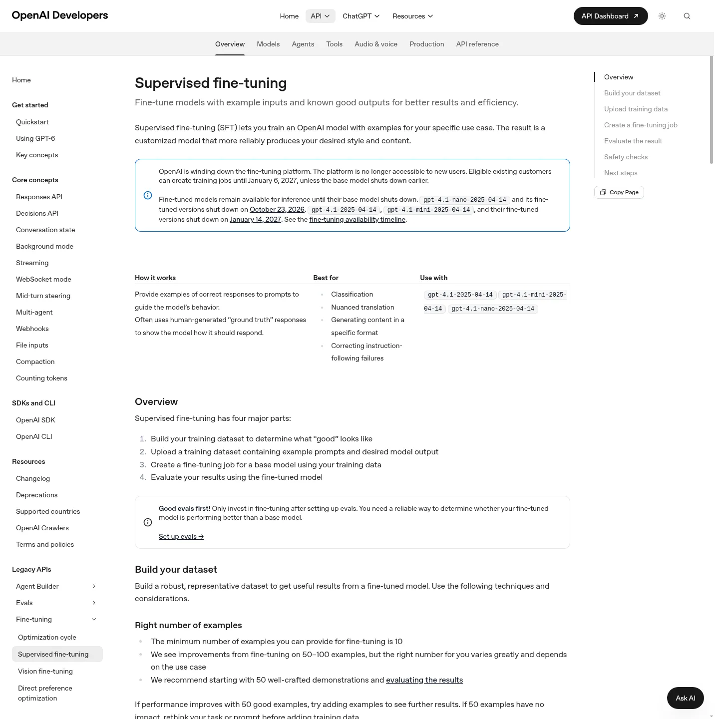 OpenAI supervised fine-tuning documentation with current platform availability guidance