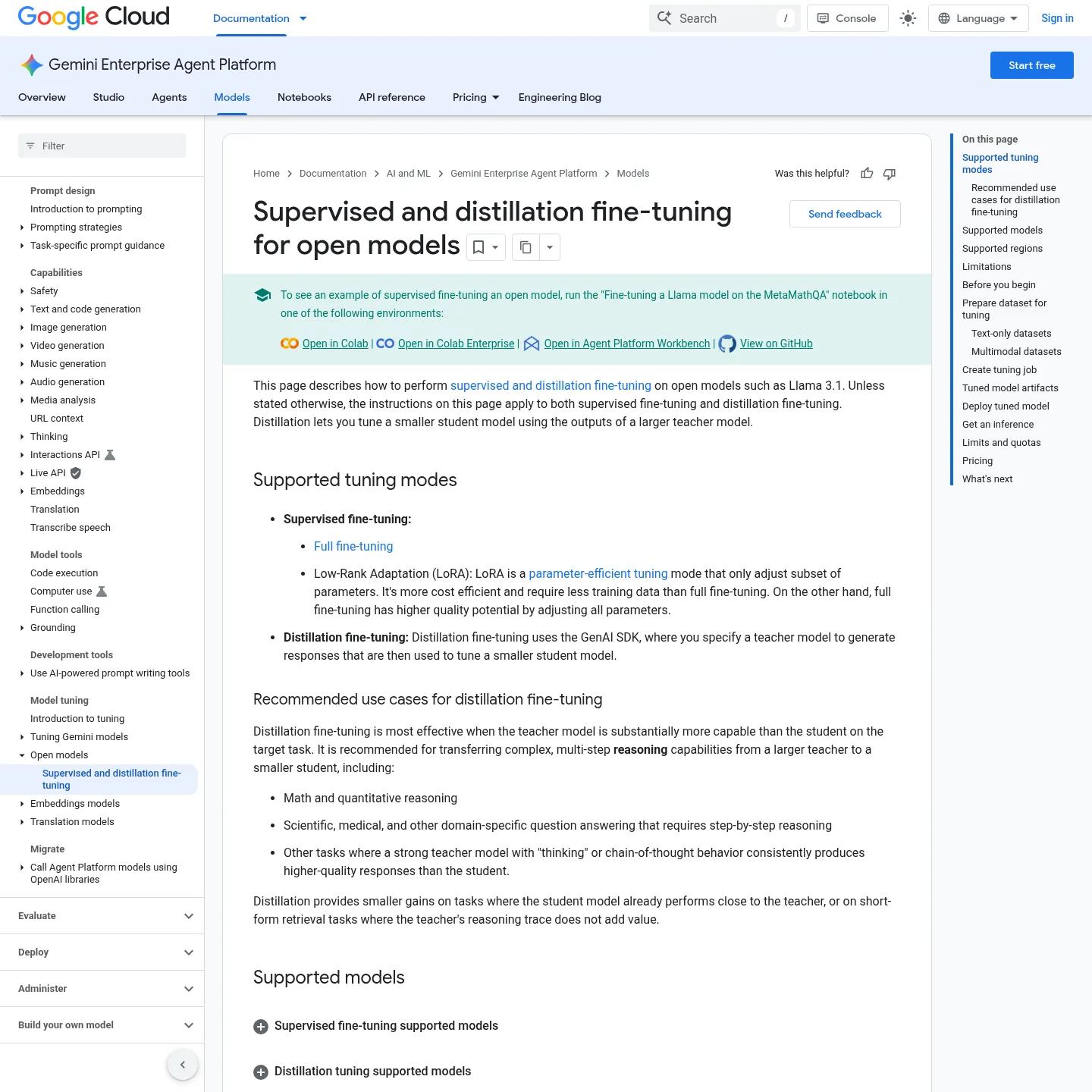 Google documentation separating supervised fine-tuning and distillation support for open models