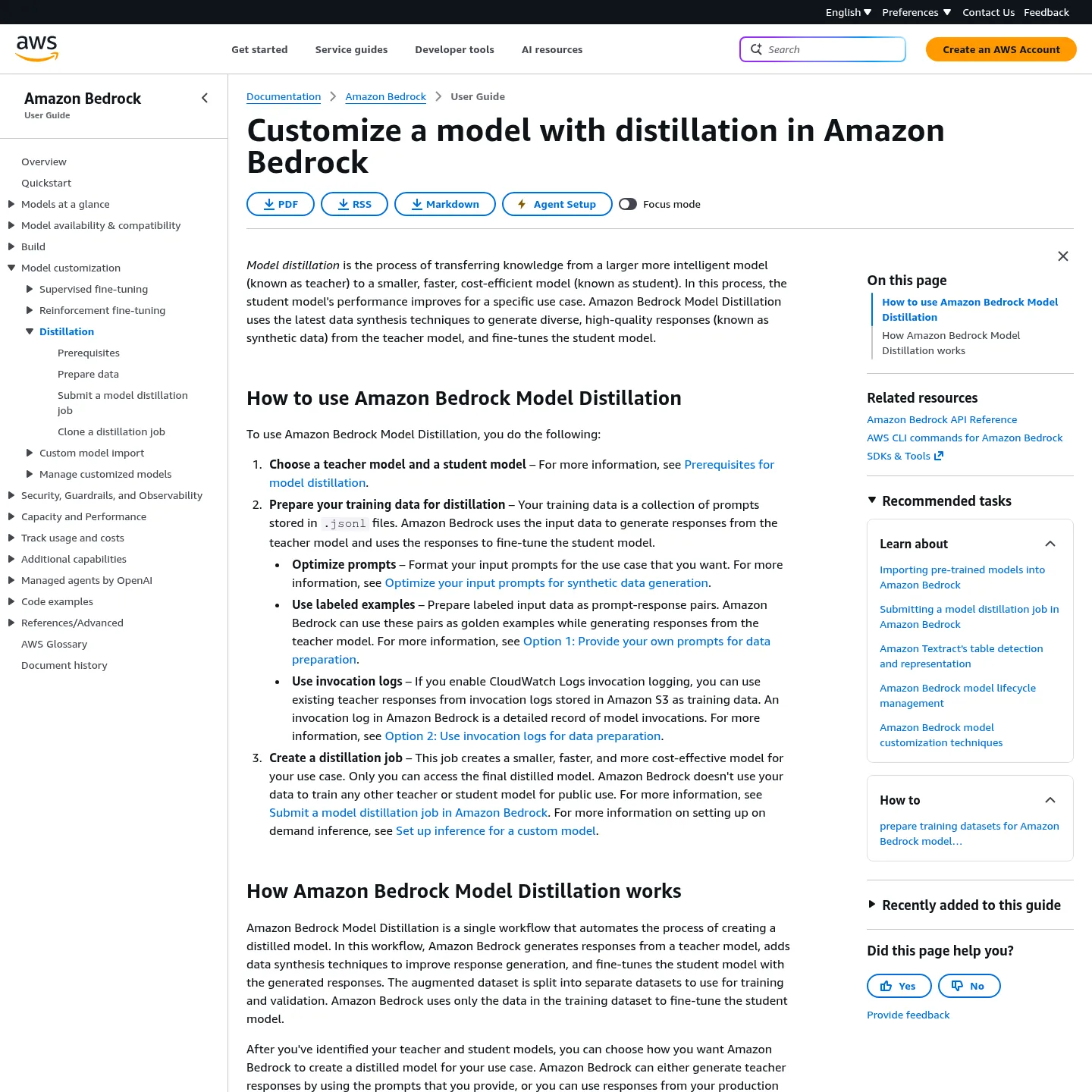 Amazon Bedrock documentation describing its managed model distillation workflow